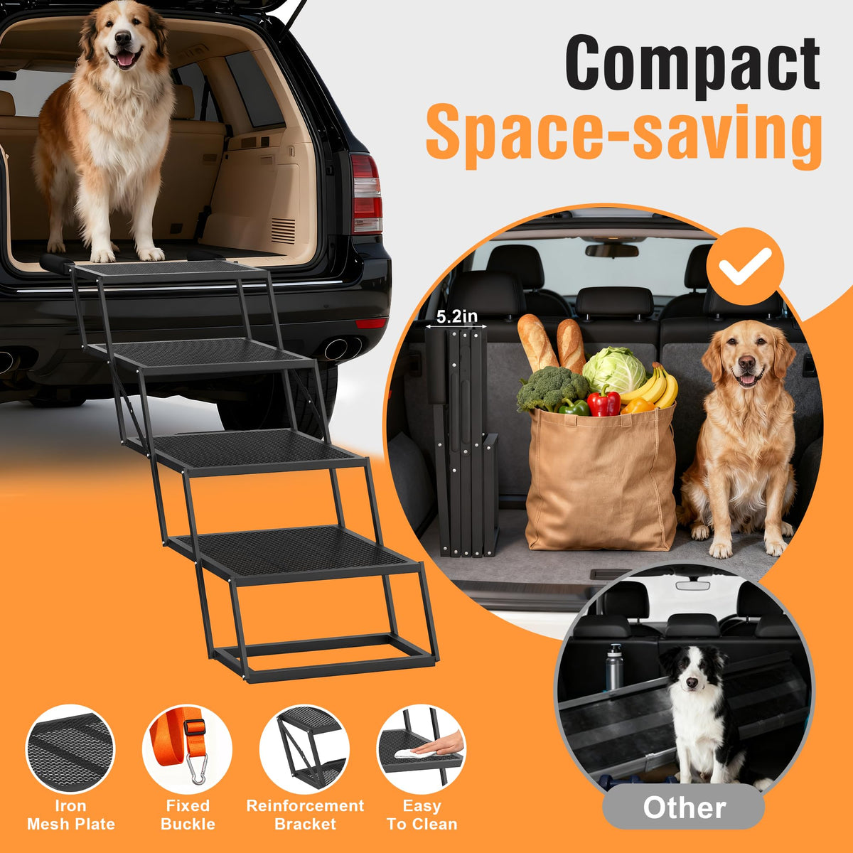 ROTTOGOON Portable Pet Stairs, Wide 4 Step Dog Ramp Car Foldable