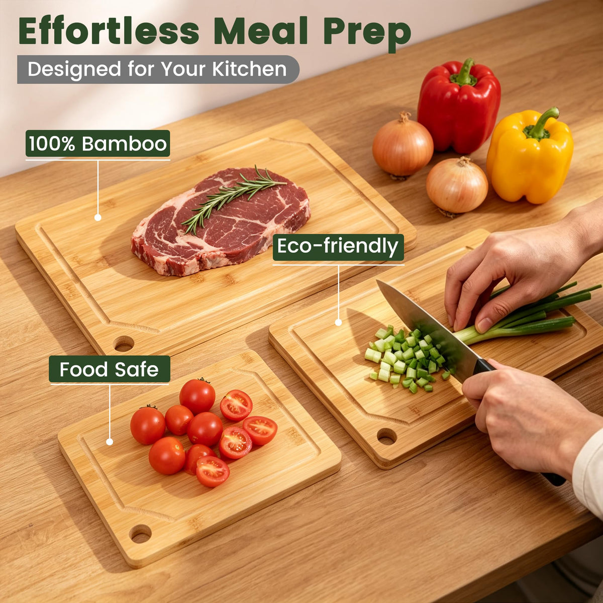 Rottogoon 3 Piece Bamboo Chopping Board Set- Large, Medium, & Small Sizes