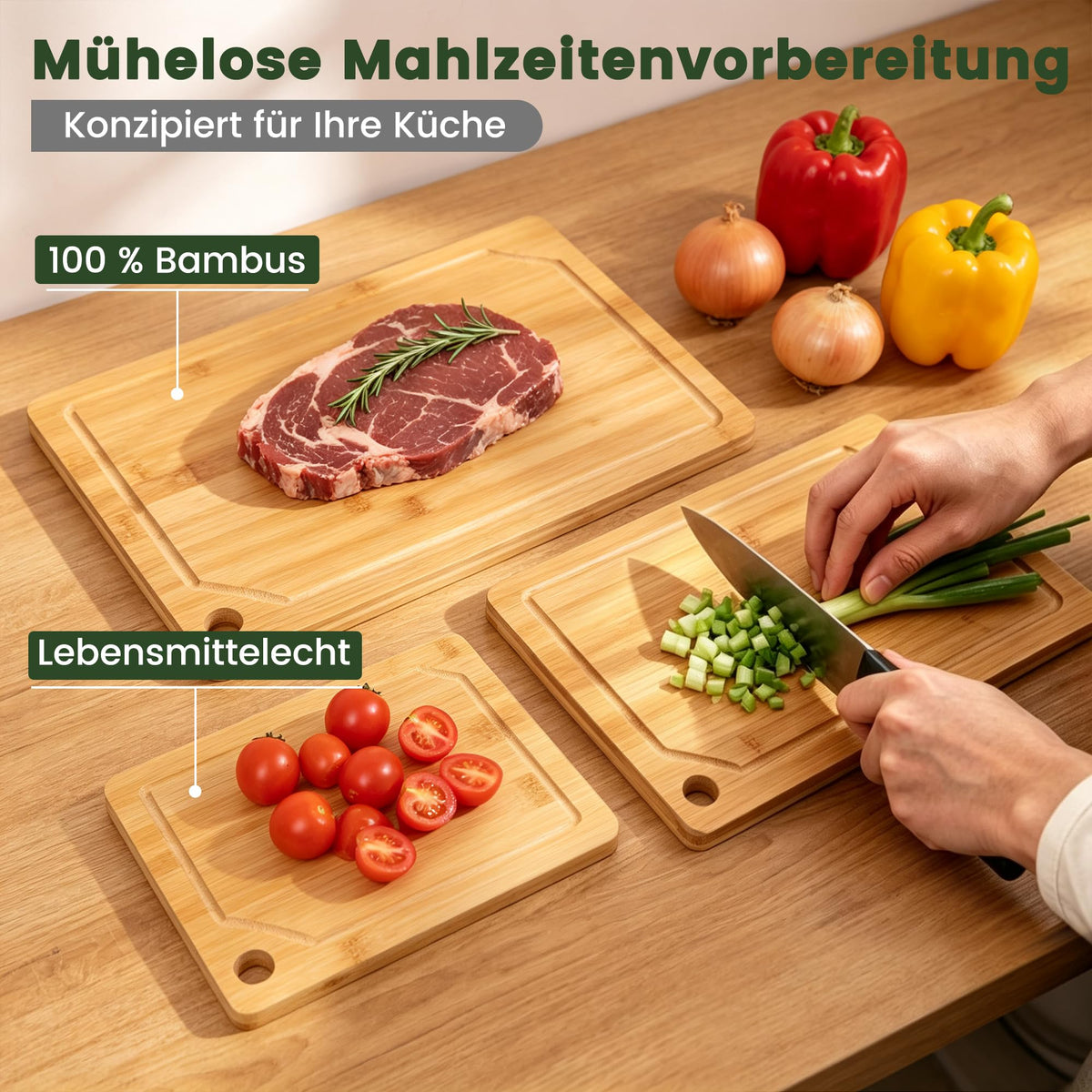 ROTTOGOON Schneidebrett Bambus 3er Set (36x24cm / 30x20cm / 22x15cm)