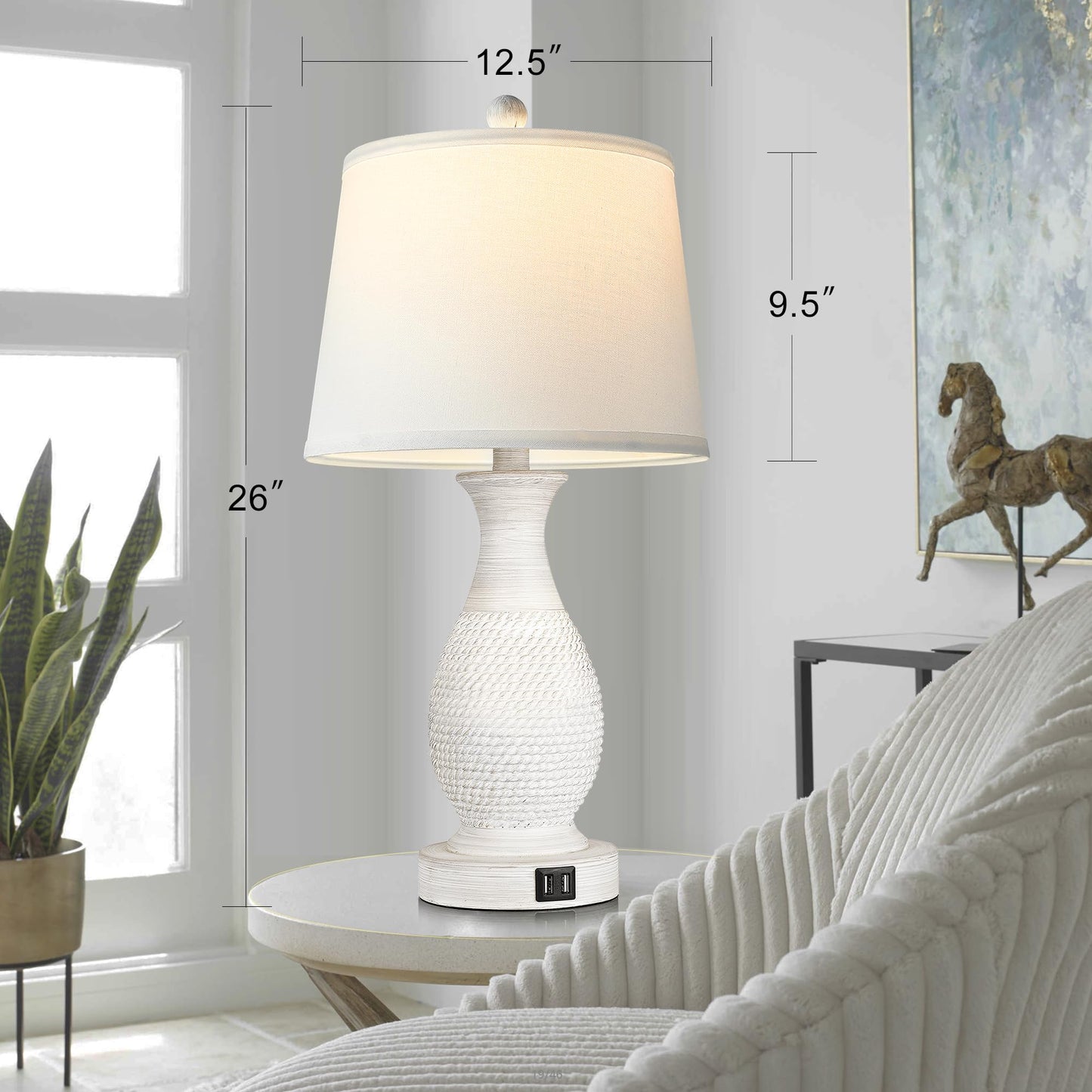 ROTTOGOON Set of 2 Table Lamps with USB C+A Ports, 26" Dimmable Nightstand Lamp with Fabric Shade for Living Room Bedroom Home Office