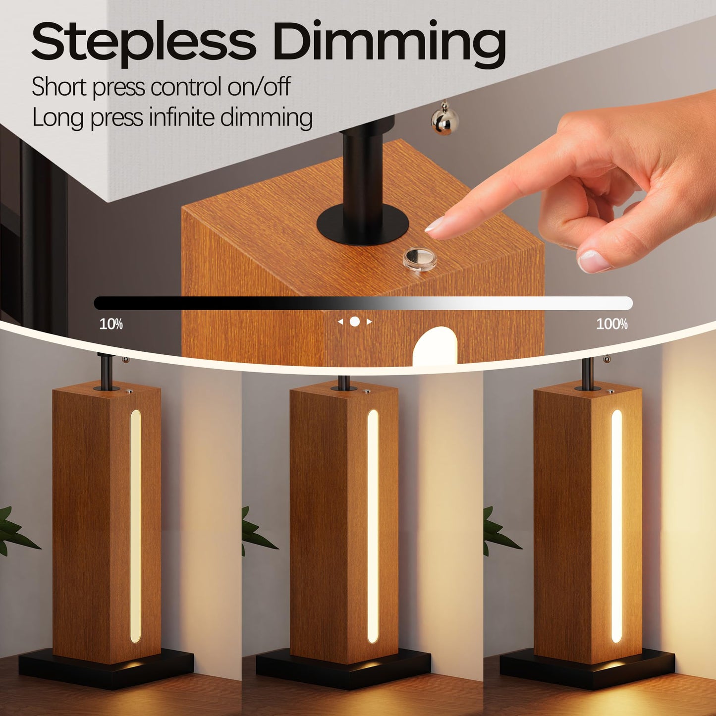 ROTTOGOON Table Lamps Set of 2, Dimmable Farmhouse Square Wood Grain Nightstand Lamps with Linen Shades for Living Room Bedroom