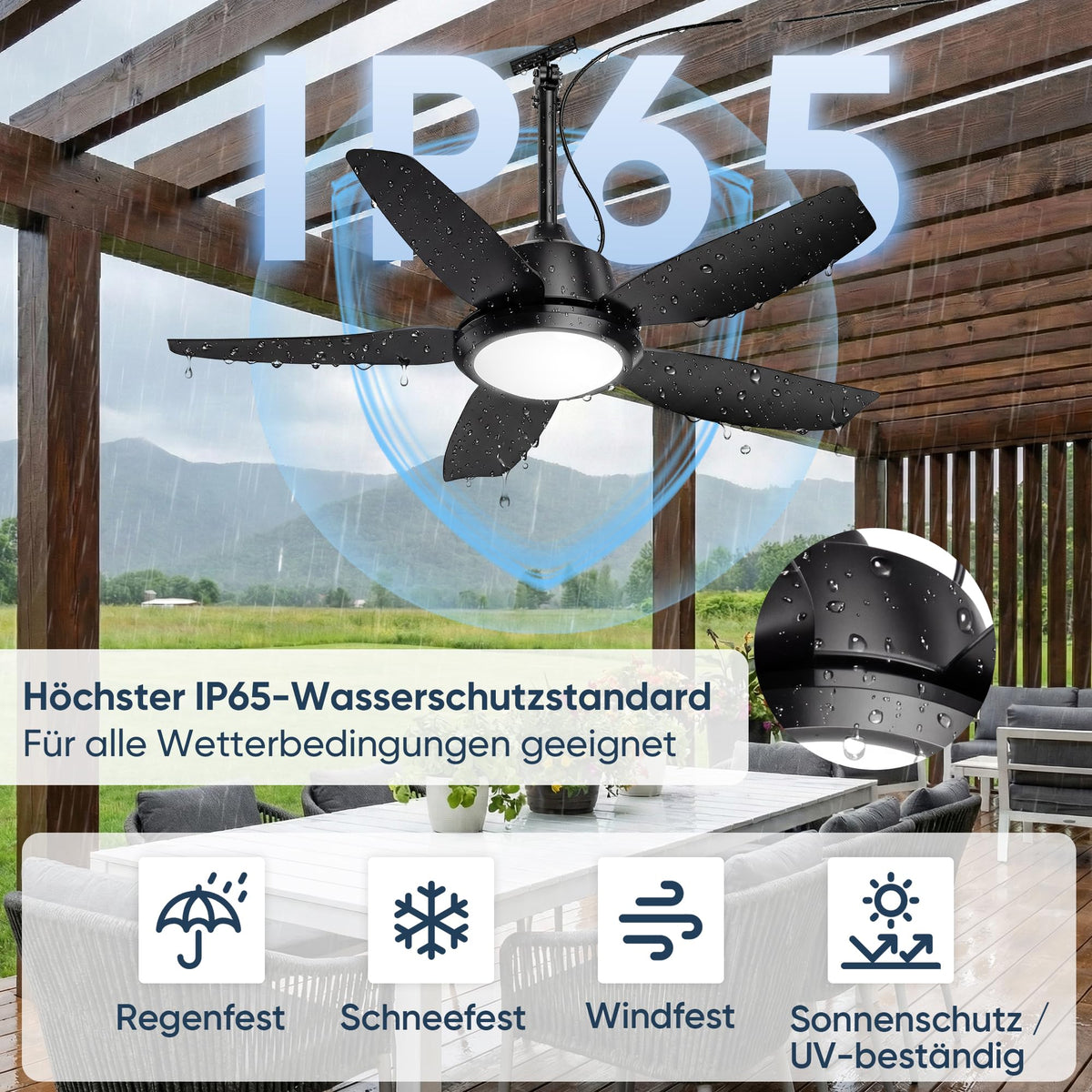 ROTTOGOON 106cm Deckenventilator mit Beleuchtung und Fernbedienung, IP65 [Energieklasse E]