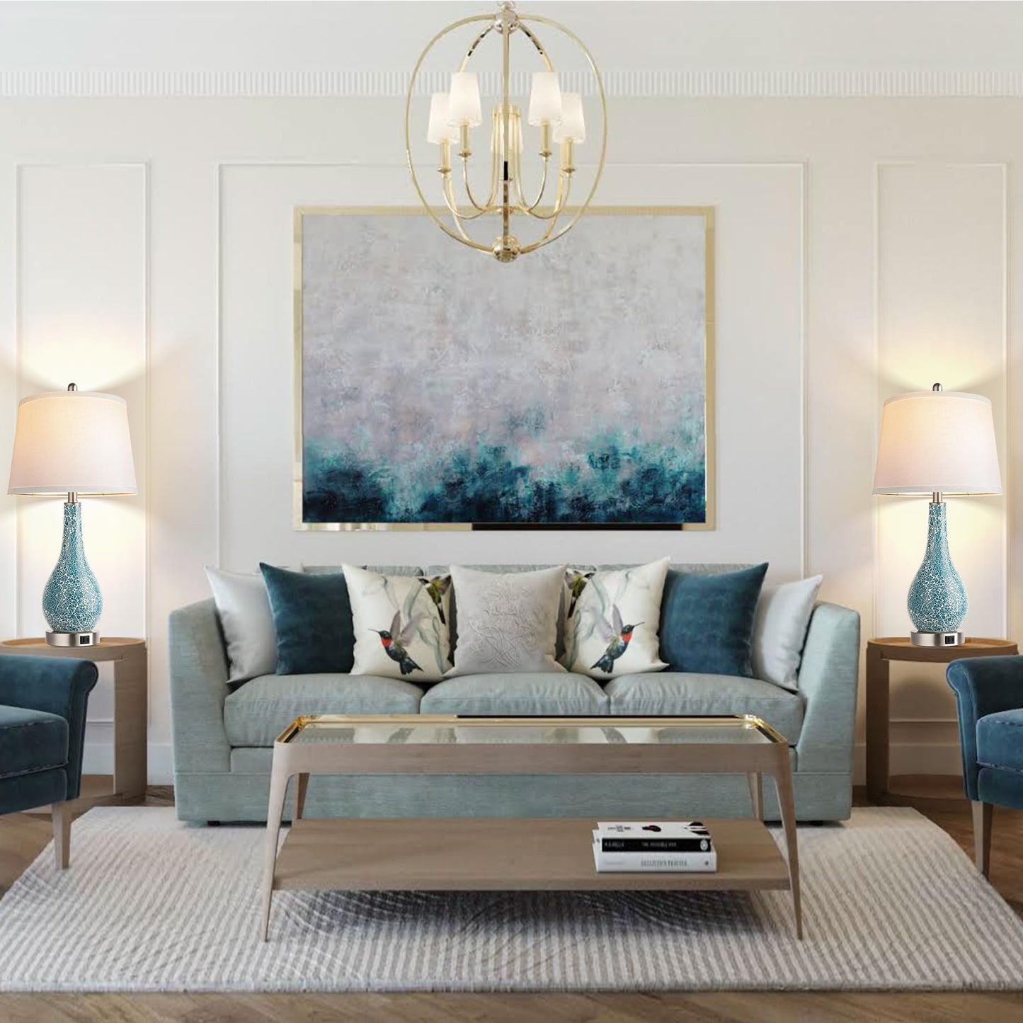 ROTTOGOON Blue Table Lamps for Bedroom Set of 2, 26" Modern Bedside Lamp with USB A+C Ports, for Home Decor Living Room , LED Bulb Included