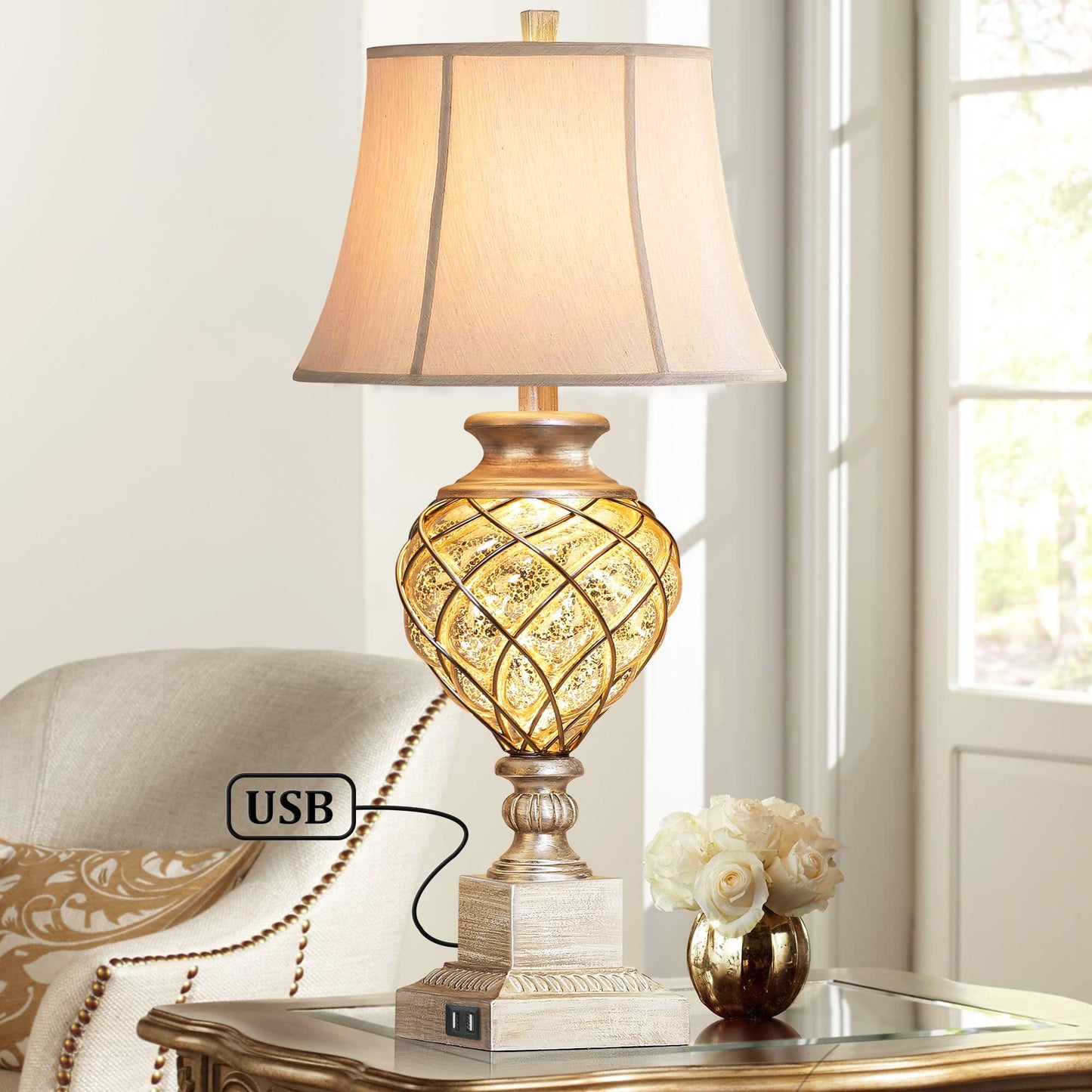 ROTTOGOON 29” Tall Table Lamps Set of 2 for Living Room with Lantern Nightlight,Traditional Bedroom Silver Mercury Glass Lamps for Nightstand, Bedside