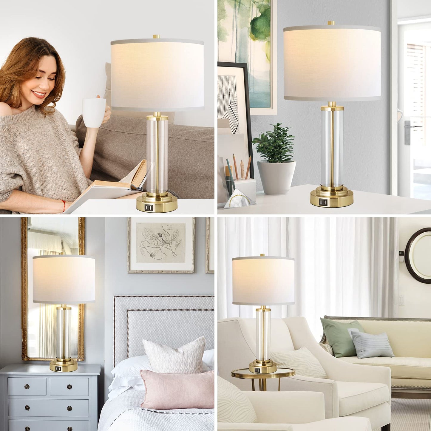 ROTTOGOON Table Lamps Set of 2, Touch Control & 3-Way Dimmable Modern Nightstand Lamp with Dual USB Ports & Lampshade for Living Room Bedroom