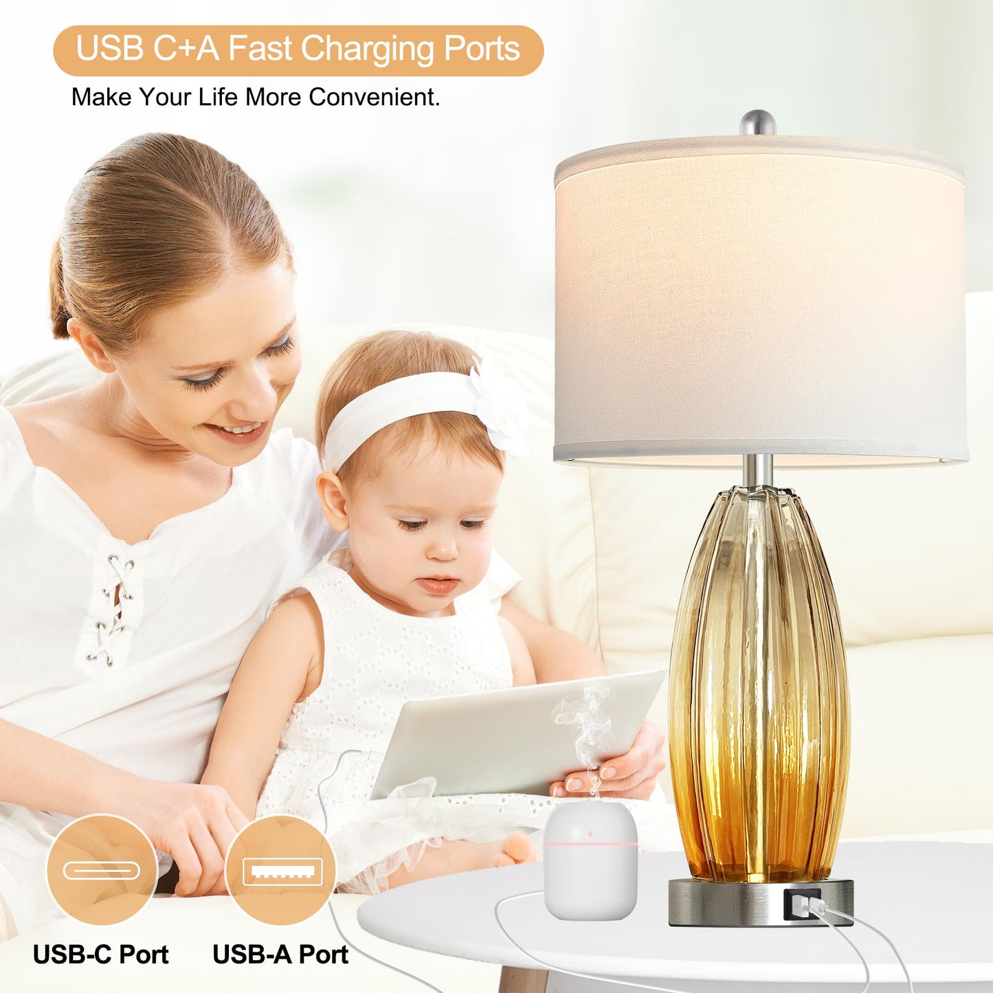 ROTTOGOON Table Lamps for Living Room Set of 2, Glass Table Lamp with USB C+A Ports & 2 LED Bulbs for End Tables Bedside