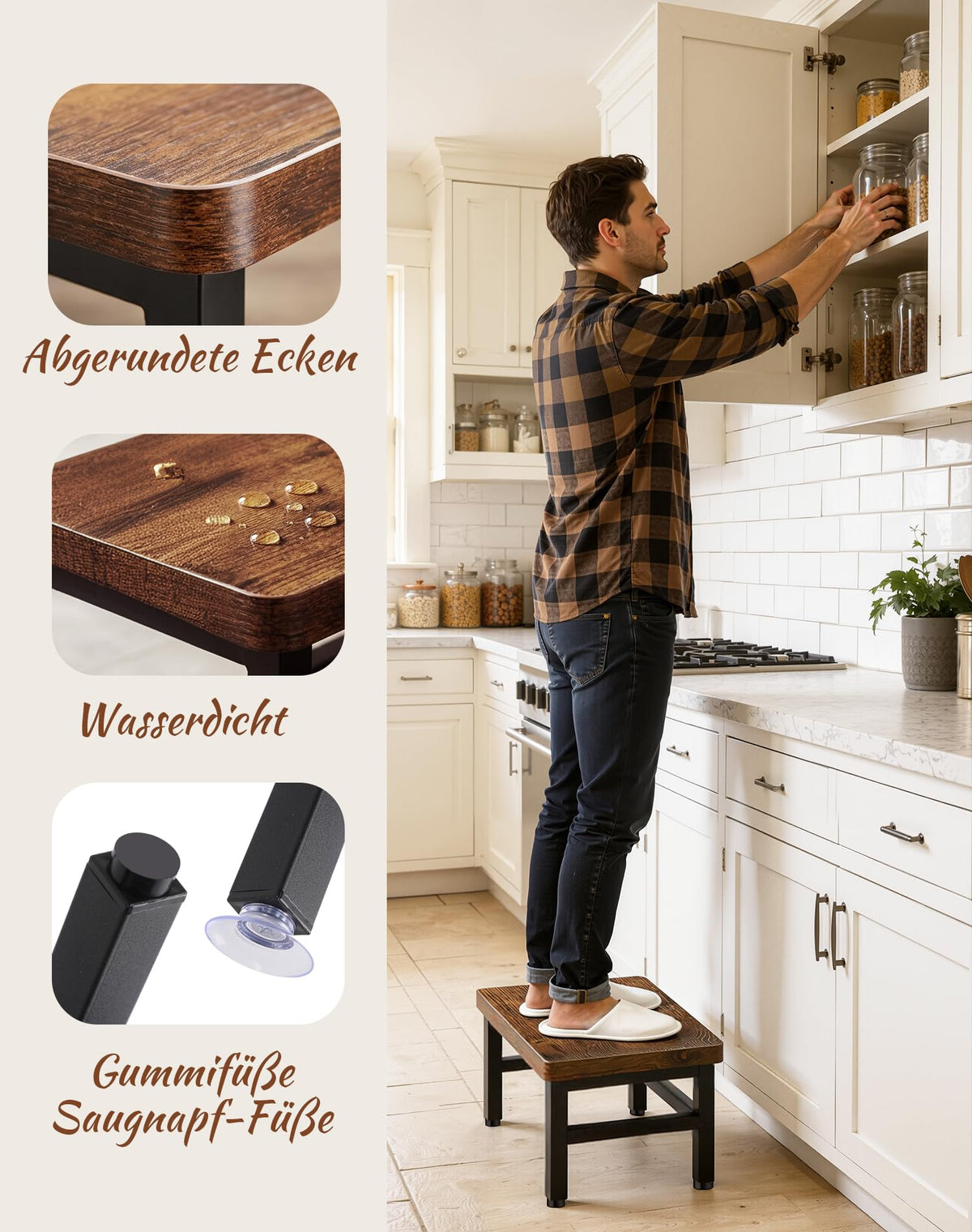 ROTTGOON Tritthocker 1 Stufe Holz für Kinder, Küche & Bad, Anti-Rutsch