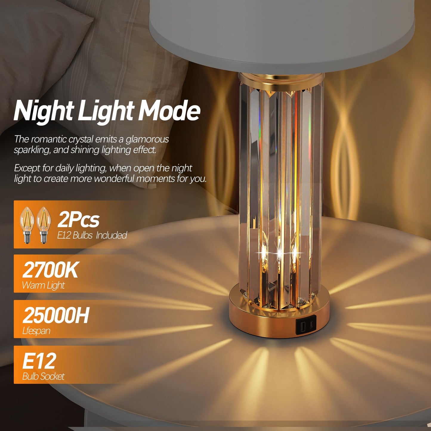 ROTTOGOON Gold Table Lamps for Bedroom Set of 2 with Nightlight, Modern Bedside Lamp with 2 USB A+C Charging Port, LED Bulbs Included