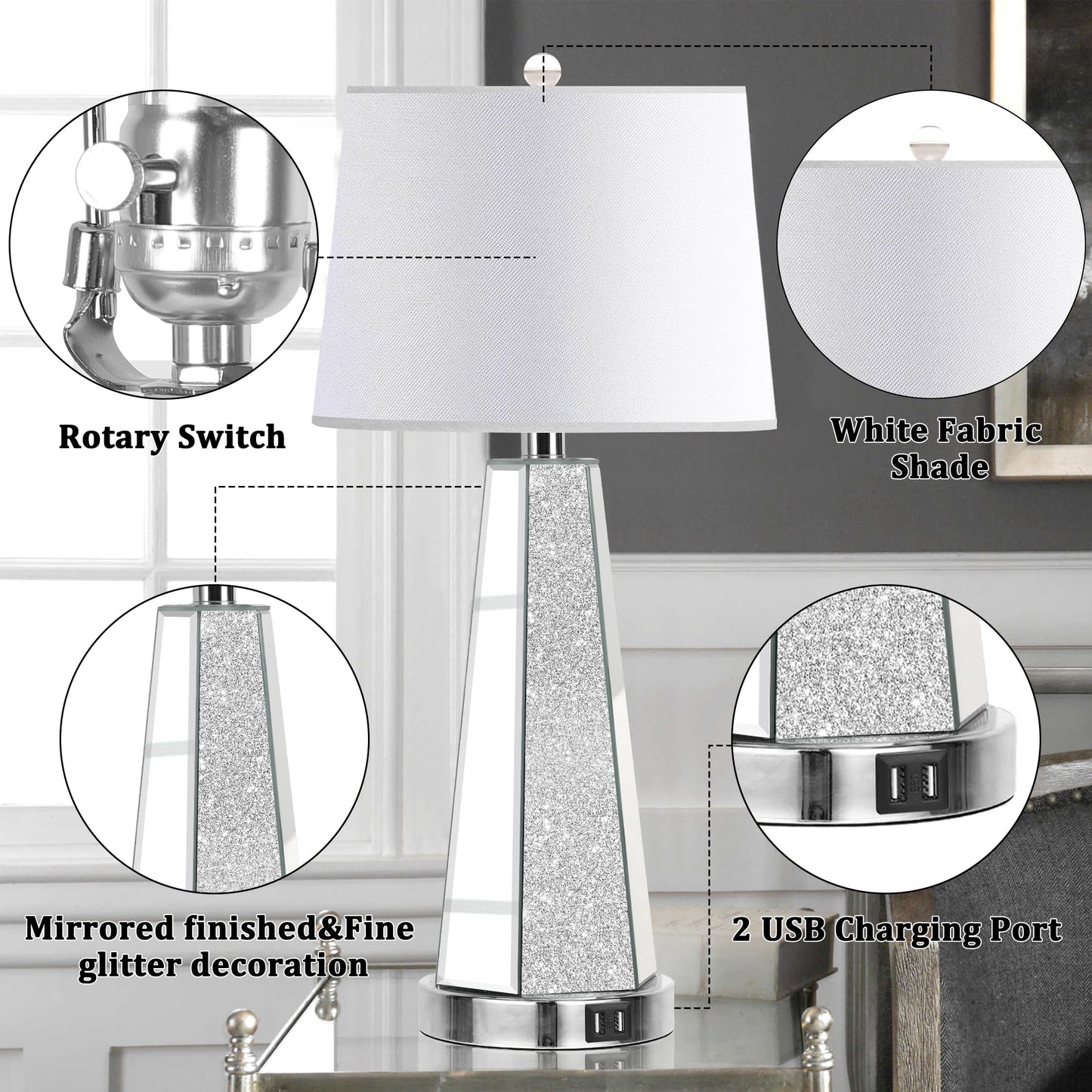 ROTTOGOON Set of 2 Mirrored Glass Bedside Table Lamps for Bedrooms with 2 USB Ports Chrome Modern Silver Living Room Lamps for End Tables