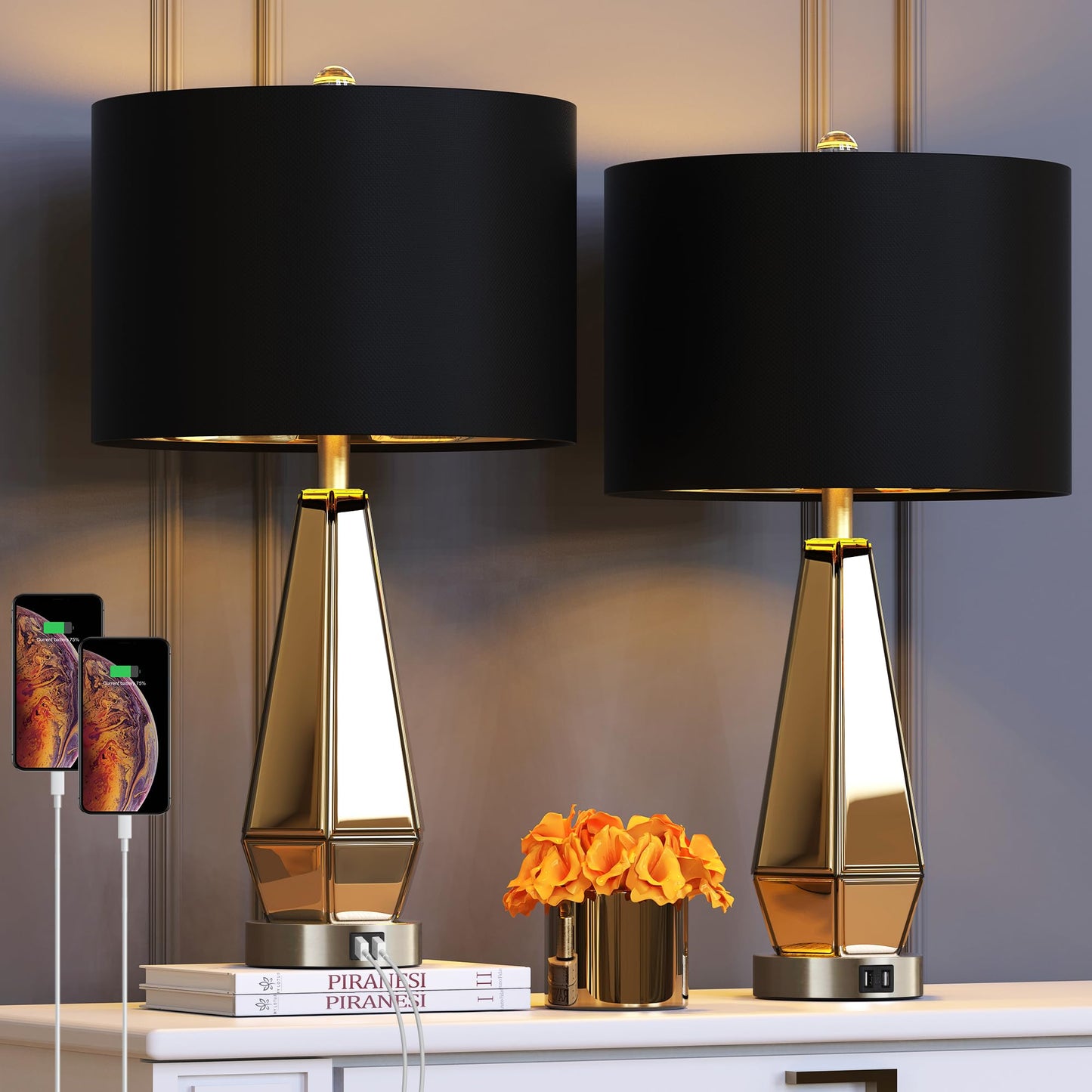 ROTTOGOON Set of 2 Mirrored Glass Bedside Table Lamps with 2 USB Ports for Bedrooms Modern Nightstand Lamps with Gold Black Fabric Shade