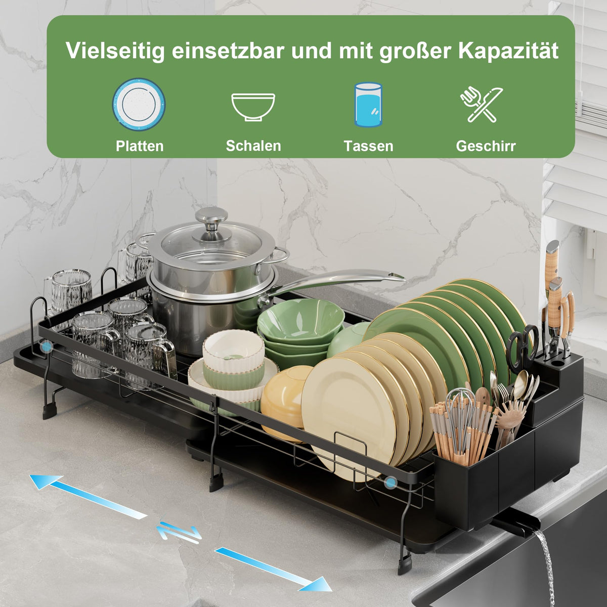 ROTTOGOON Erweiterbares Abtropfgestell Geschirr für Küchentheke, Schwarz