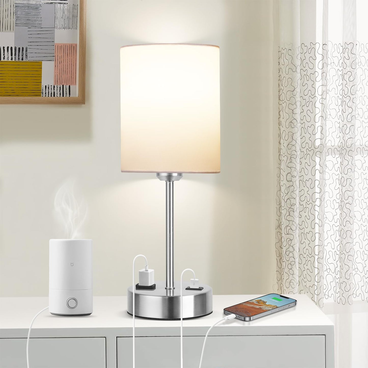 ROTTOGOON Touch Table Lamps Set of 2 with USB Port & Power Outlet, Dimmable Desk Lamp for Living Room Nursery Room, Bulbs Included, White