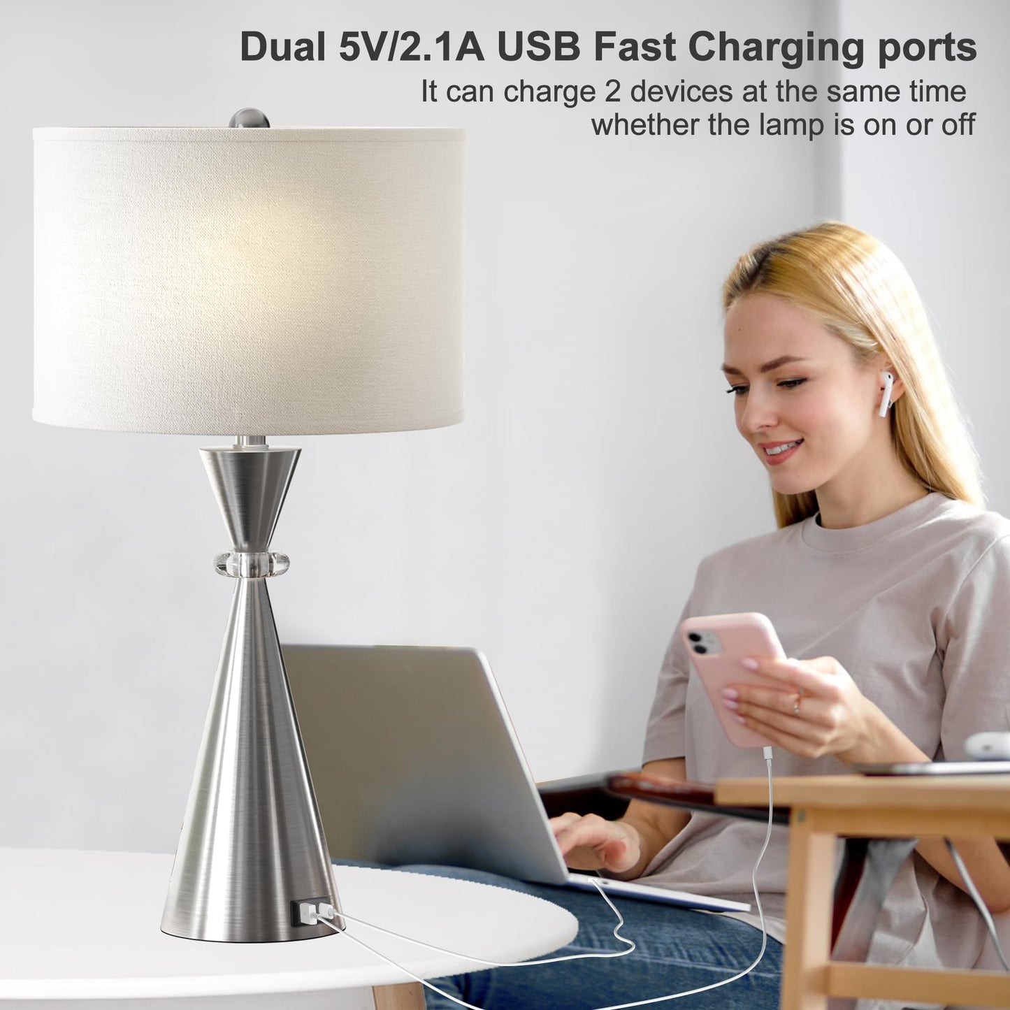 ROTTOGOON Table Lamps Set of 2, 3CCT Dimmable Modern Metal Bedside Lamps with 2 USB Ports, for Living Room Bedrooms Decorations