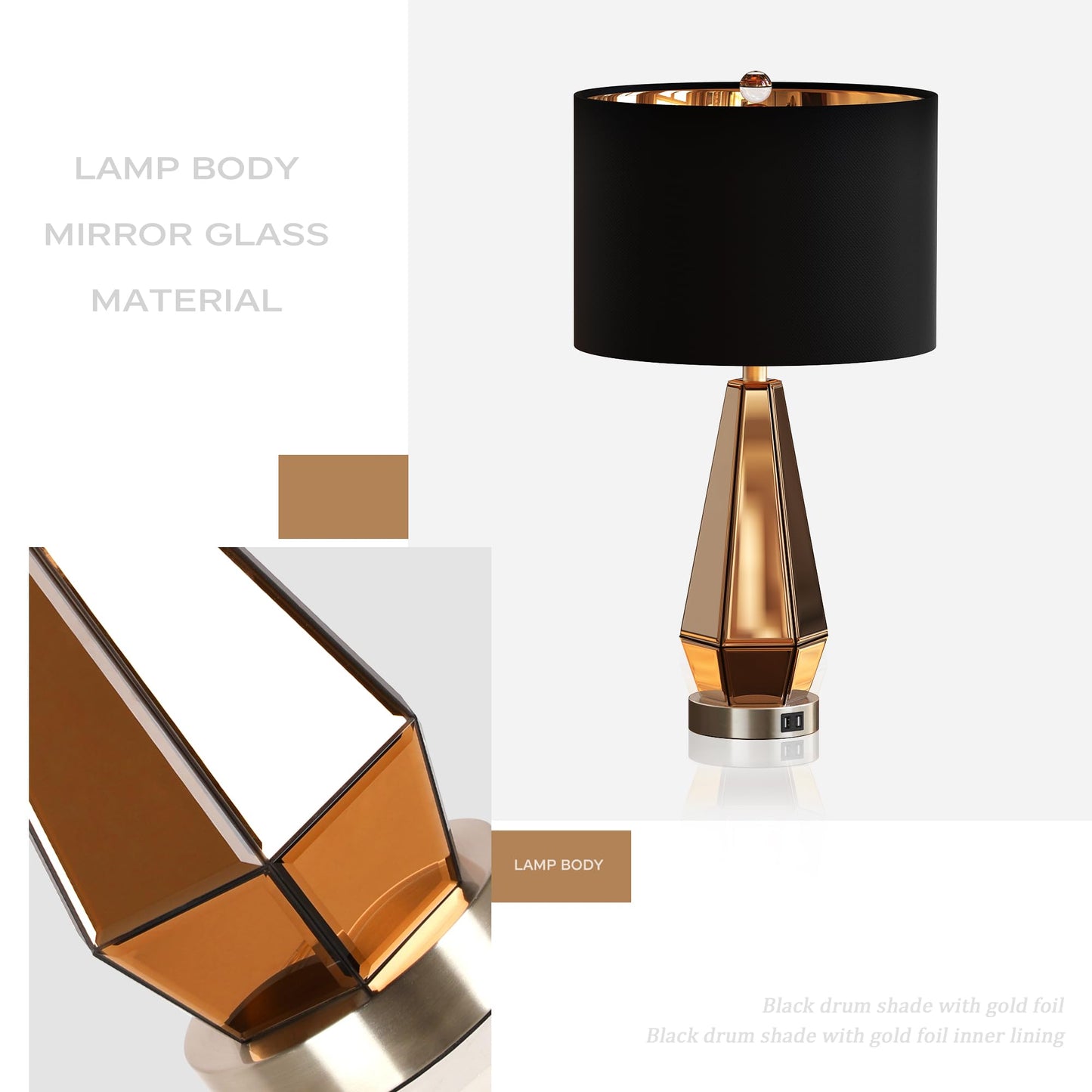 ROTTOGOON Set of 2 Mirrored Glass Bedside Table Lamps with 2 USB Ports for Bedrooms Modern Nightstand Lamps with Gold Black Fabric Shade