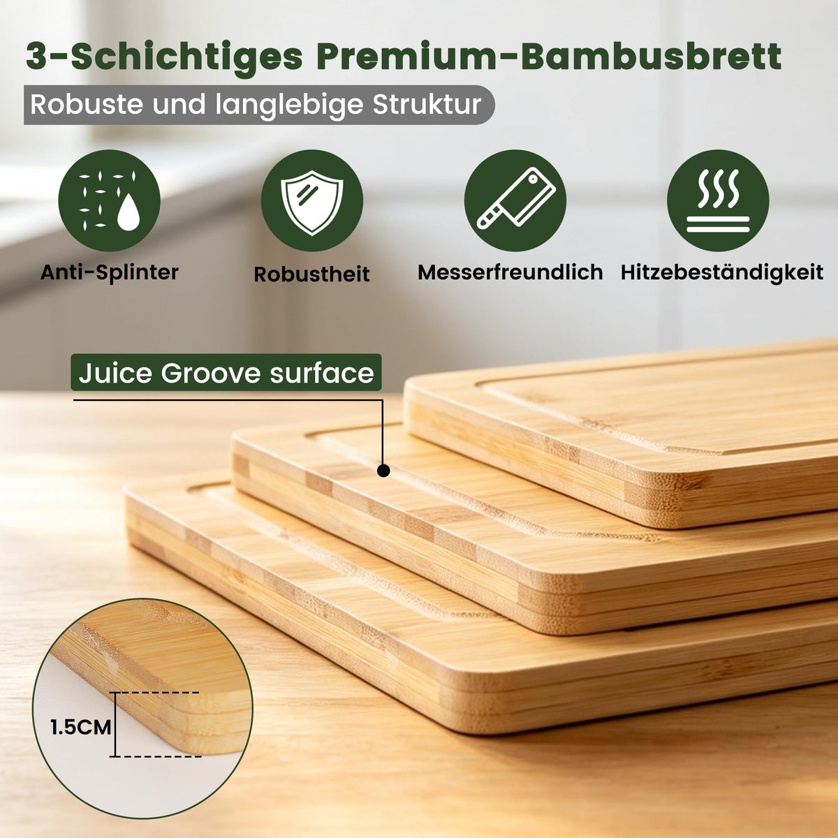 ROTTOGOON Schneidebrett Bambus 3er Set (36x24cm / 30x20cm / 22x15cm)