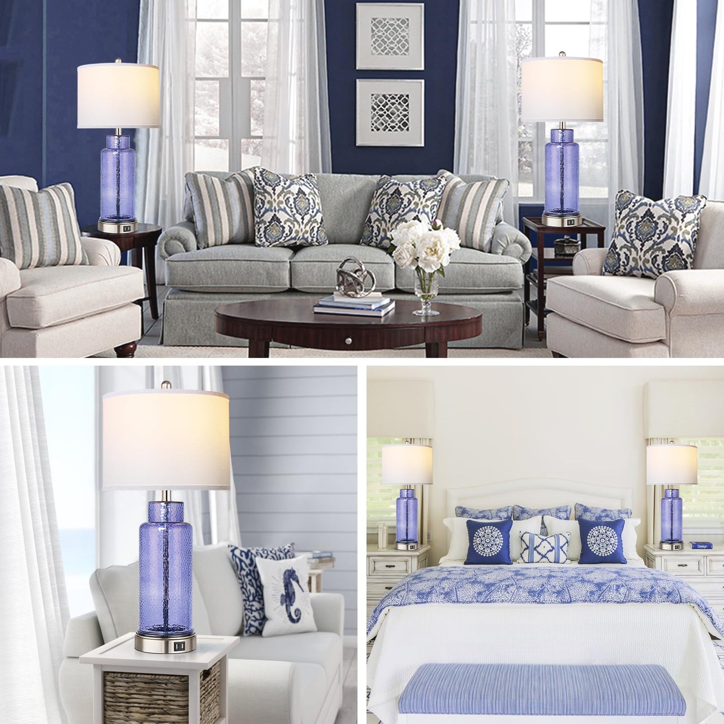 ROTTOGOON Table Lamps for Bedrooms Set of 2, 26" Modern Nightstand Lamp for Living Room with Touch Control USB Ports & White Shade Home Decor