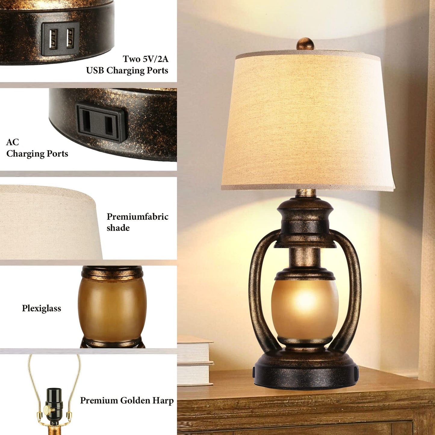 ROTTOGOON Rustic Table Lamps for Living Room Single Lantern Bedside Lamps with Oatmeal Tapered Drum Shades for Bedroom Nightstand Hotel