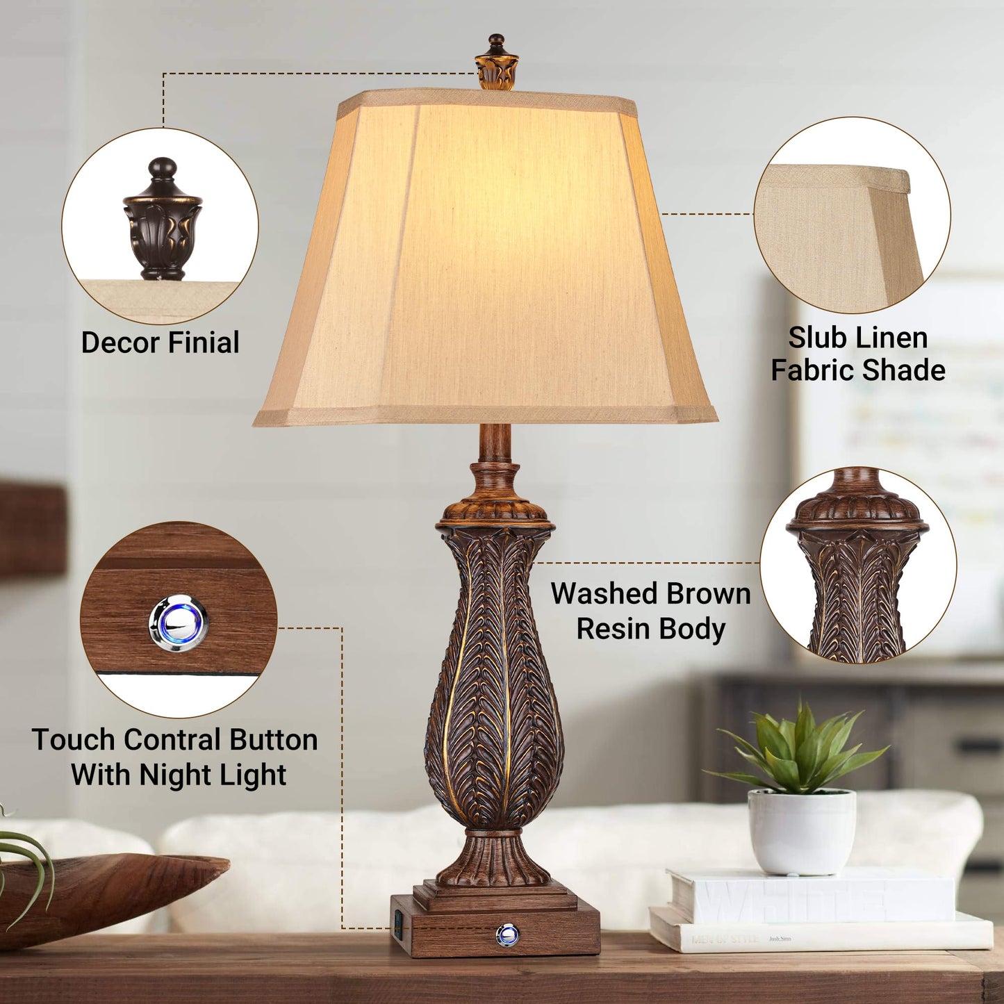 ROTTOGOON Table Lamps Set of 2, Touch Resin Mermaid Lamps with USB & Type-C Ports, for Nightstand Bedside Living Room, Brown