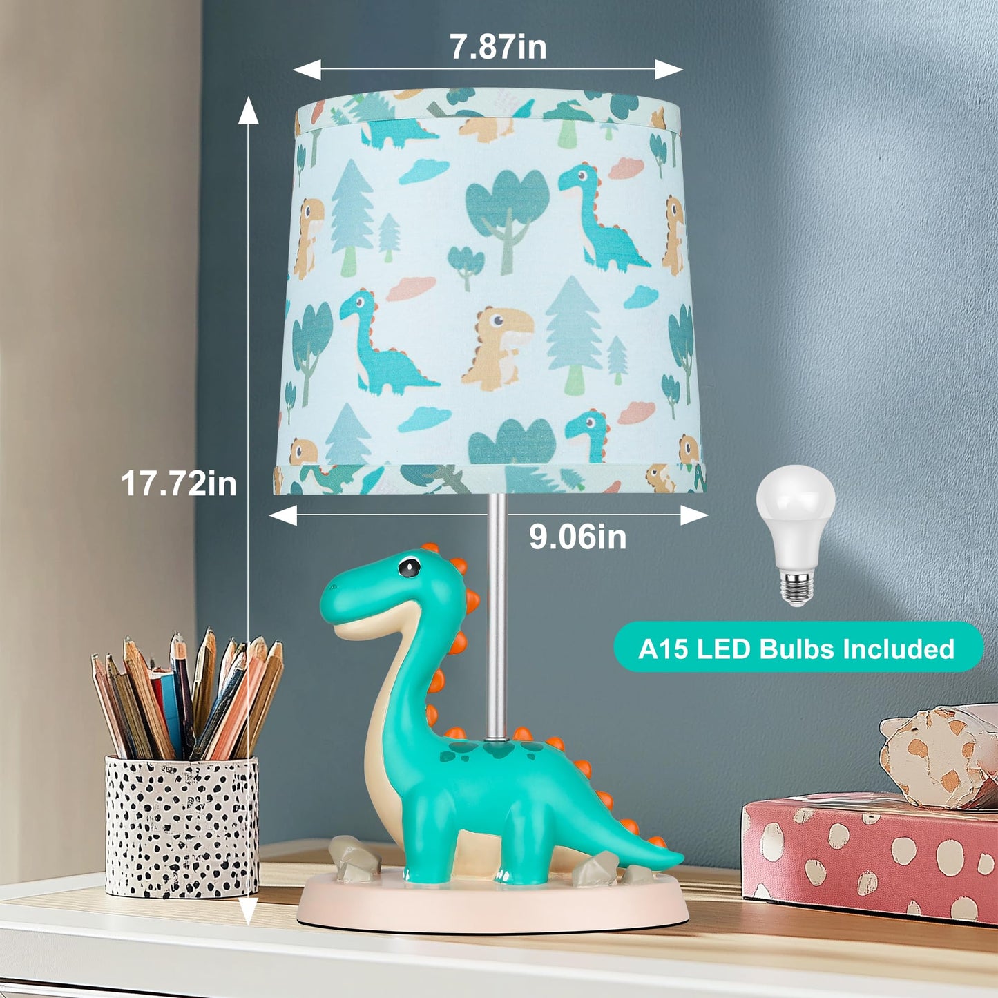 ROTTOGOON Small Green Dinosaur Table Lamp for Bedroom Nightstand Decor, Toddler Play Room, Study Room, Animal Nursery, 1 LED Bulb Included, 1 Pack