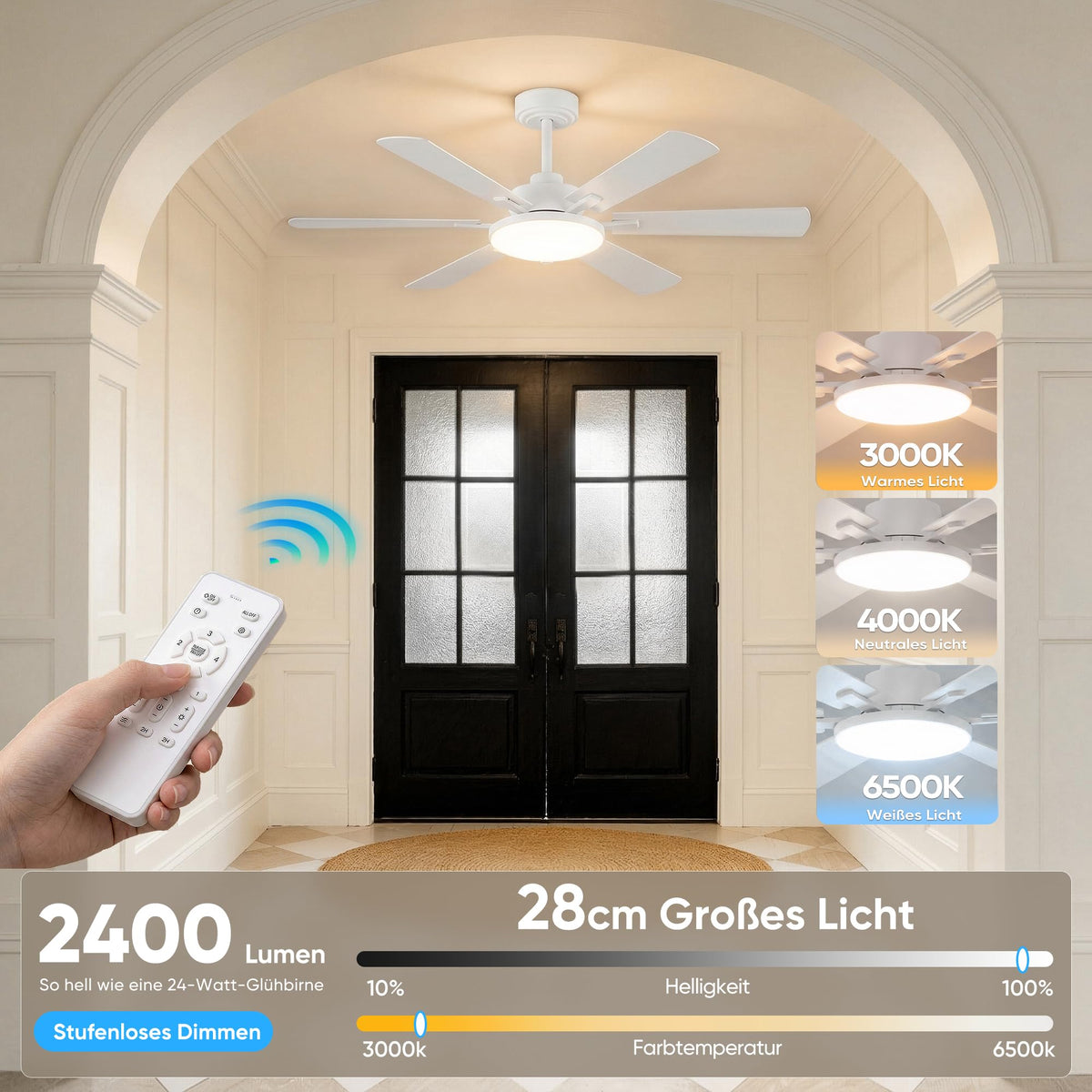 ROTTOGOON Deckenventilator mit Beleuchtung 132cm,Doppelseitige Flügeln,Weiß [Energieklasse F]