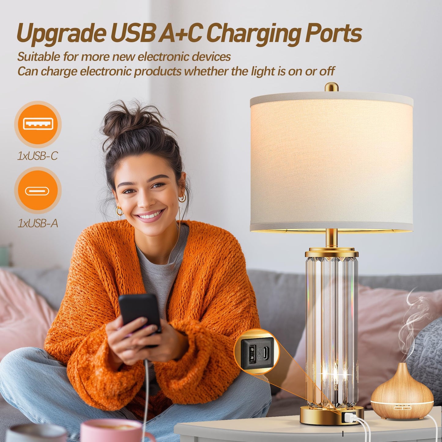 ROTTOGOON Gold Table Lamps for Bedroom Set of 2 with Nightlight, Modern Bedside Lamp with 2 USB A+C Charging Port, LED Bulbs Included
