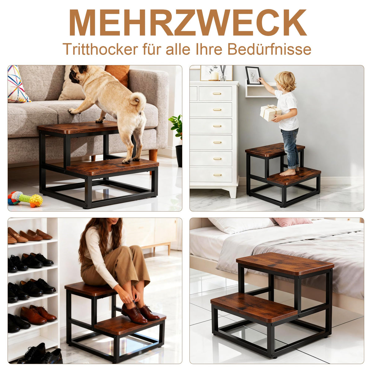 ROTTOGOON 2 Stufiger Tritthocker Holz für Erwachsene Kinder, Anti-Rutsch
