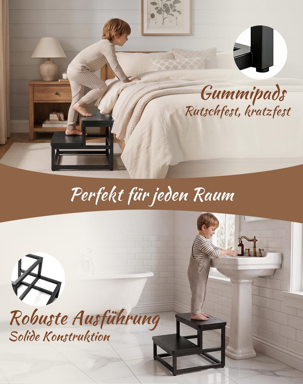 Tritthocker 2 Stufen für Erwachsene Kinder, Anti-Rutsch Wasserfest, Schwarz