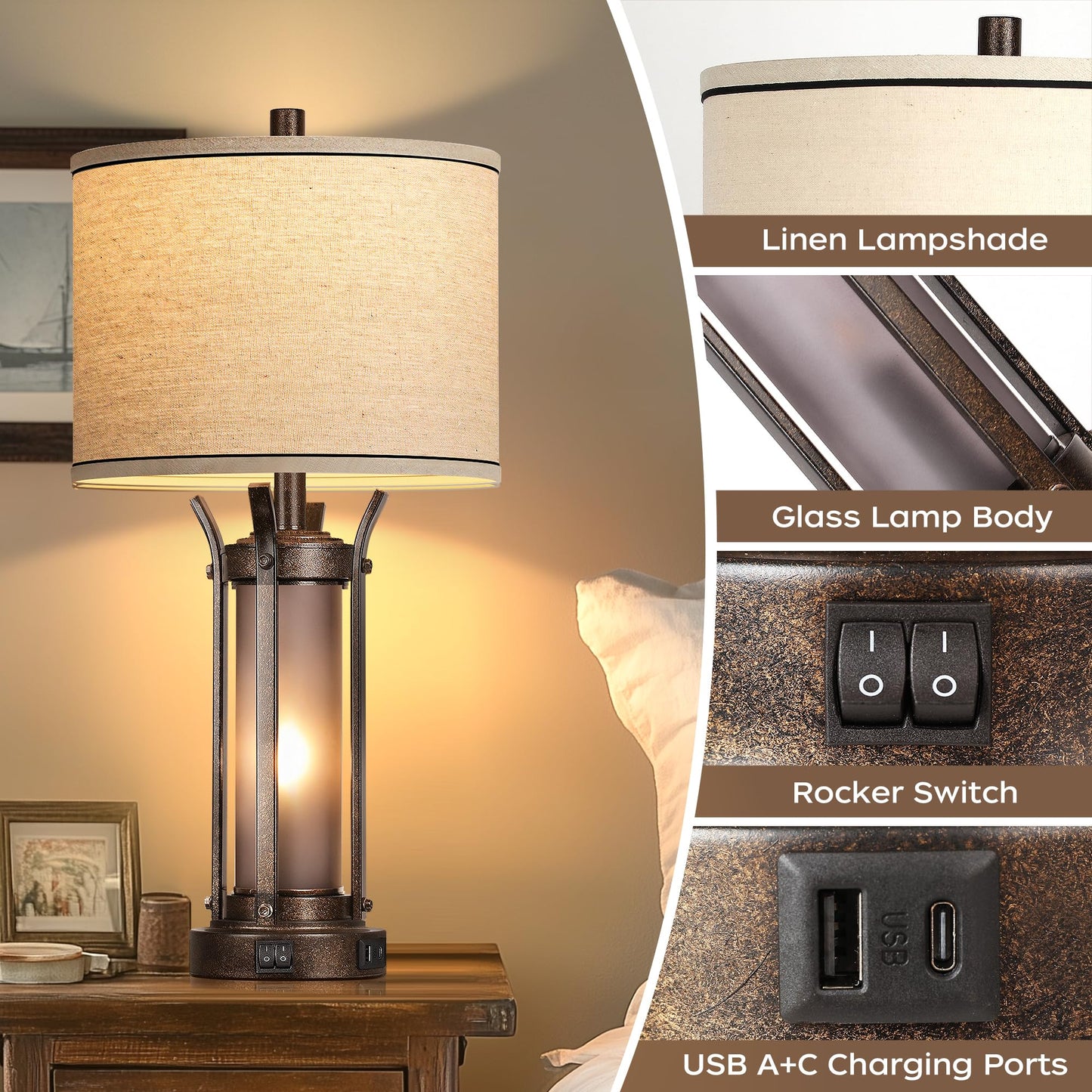 ROTTOGOON Farmhouse Table Lamps with USB A+C Charging Ports, Frosted Glass Lamp for Bedroom Living Room Entryway, Bulbs Included, Bronze