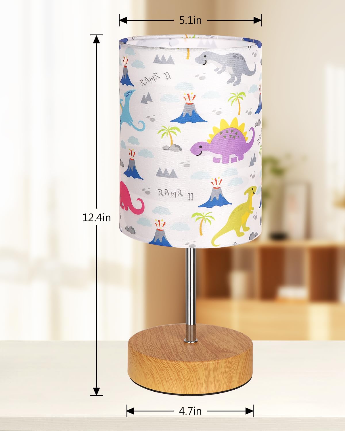 Bedside Table Lamp for Bedroom with Dinosaur Pattern Printed Shade 3-Way Dimmable Small Touch Lamp with Wood Base for Living Room, Desk, Dorm, Home Office (LED Bulb Included)
