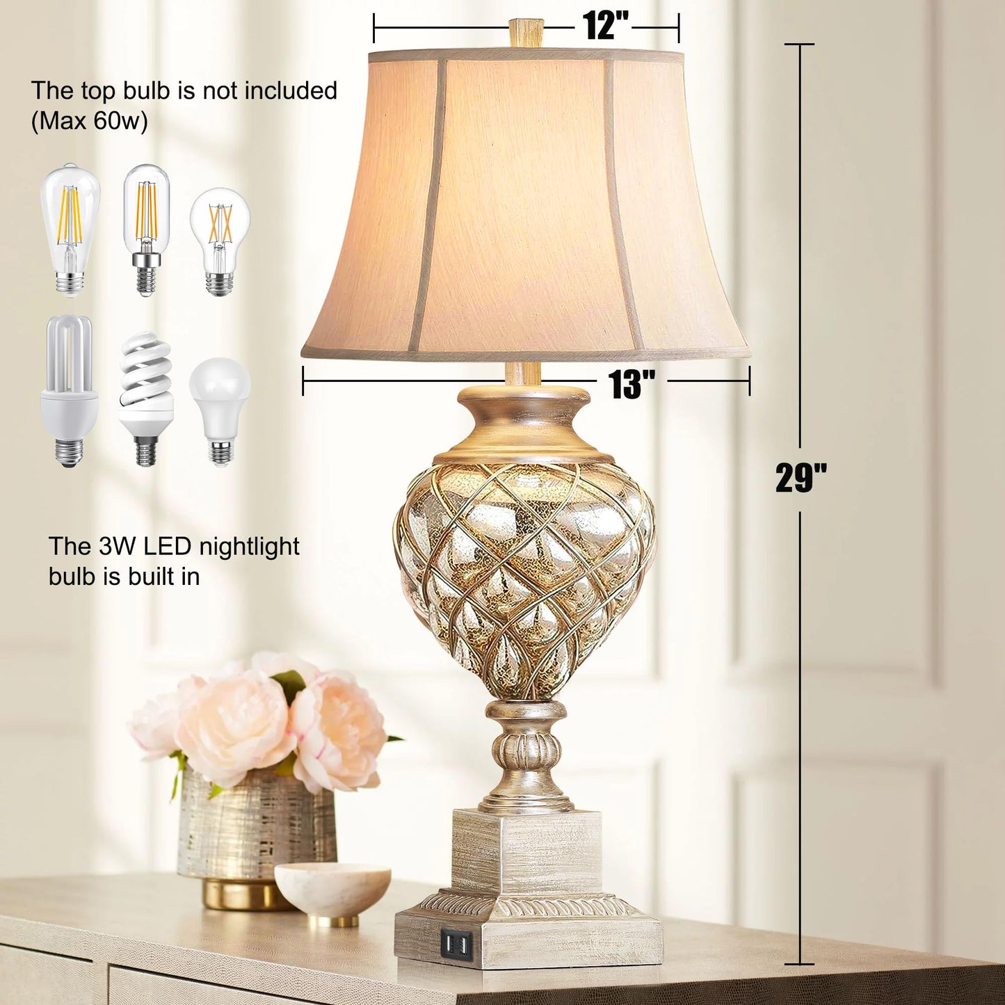 ROTTOGOON 29” Tall Table Lamps Set of 2 for Living Room with Lantern Nightlight,Traditional Bedroom Silver Mercury Glass Lamps for Nightstand, Bedside