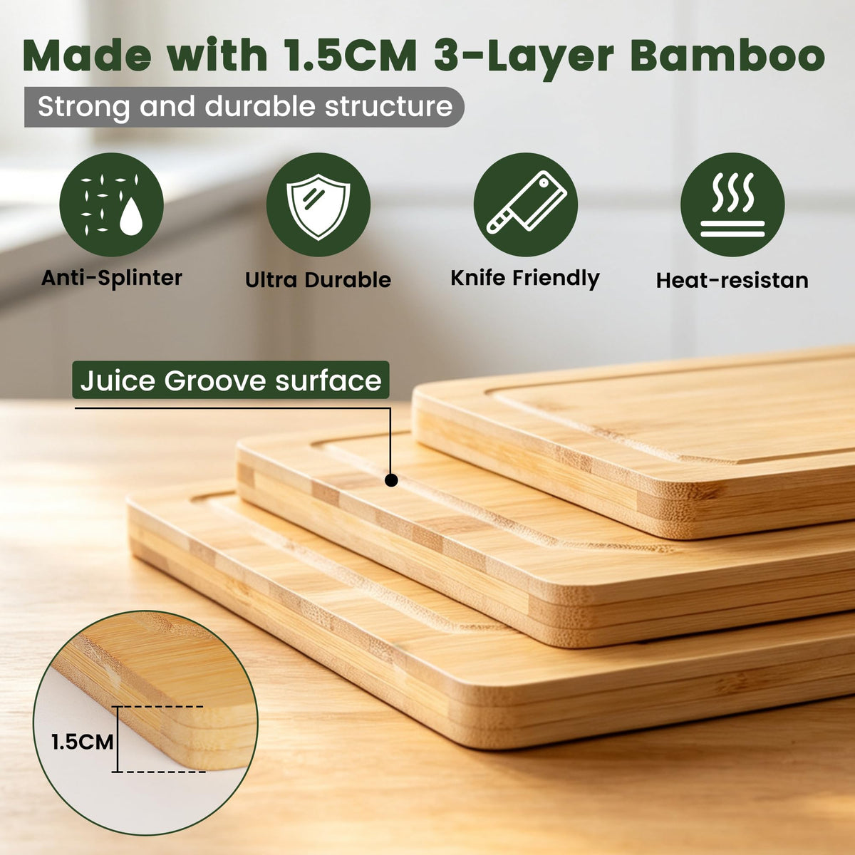 Rottogoon 3 Piece Bamboo Chopping Board Set- Large, Medium, & Small Sizes