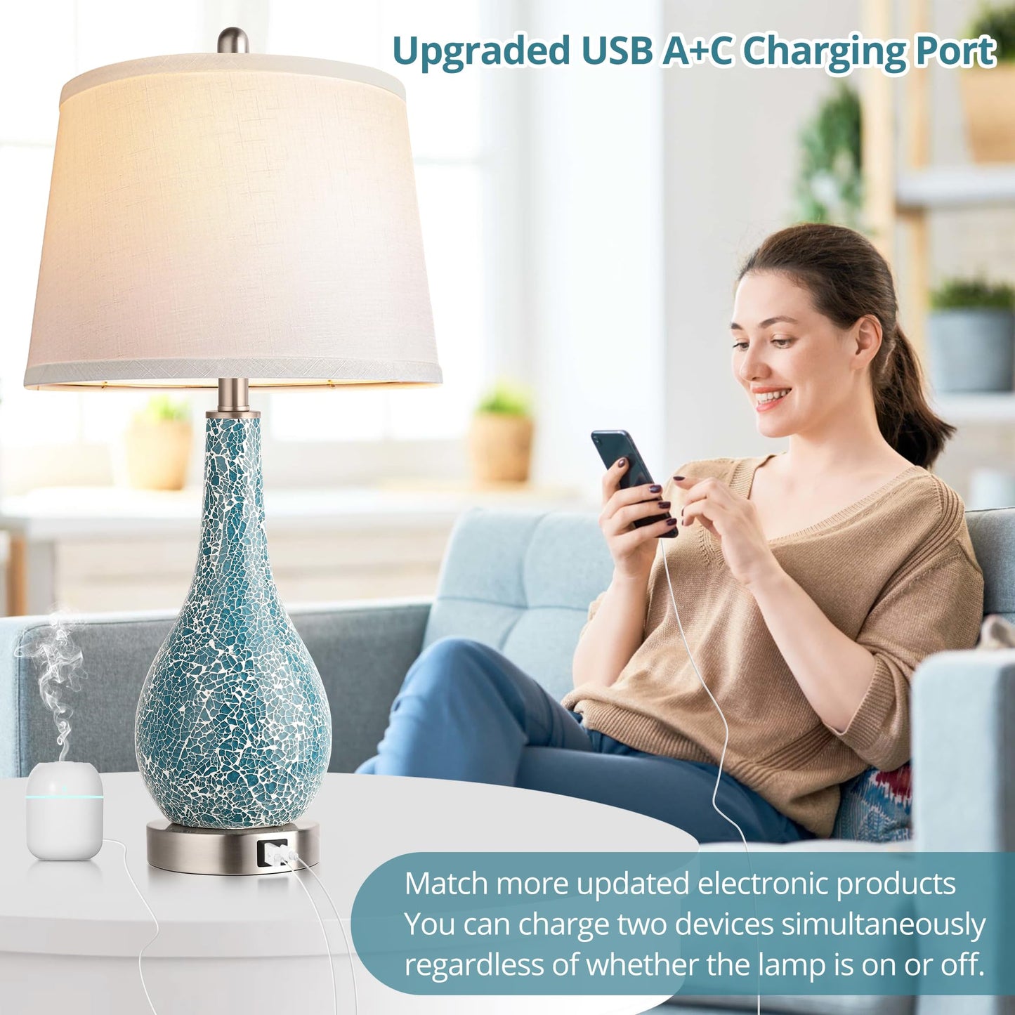 ROTTOGOON Blue Table Lamps for Bedroom Set of 2, 26" Modern Bedside Lamp with USB A+C Ports, for Home Decor Living Room , LED Bulb Included