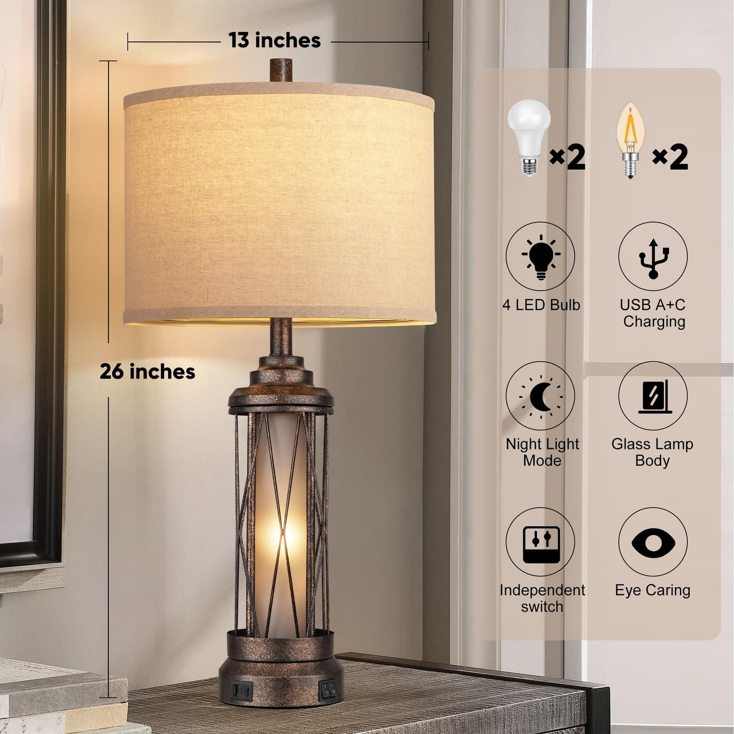 ROTTOGOON Farmhouse Table Lamps with USB A+C Charging Ports, Frosted Glass Lamp for Bedroom Living Room Entryway, Bulbs Included, Bronze