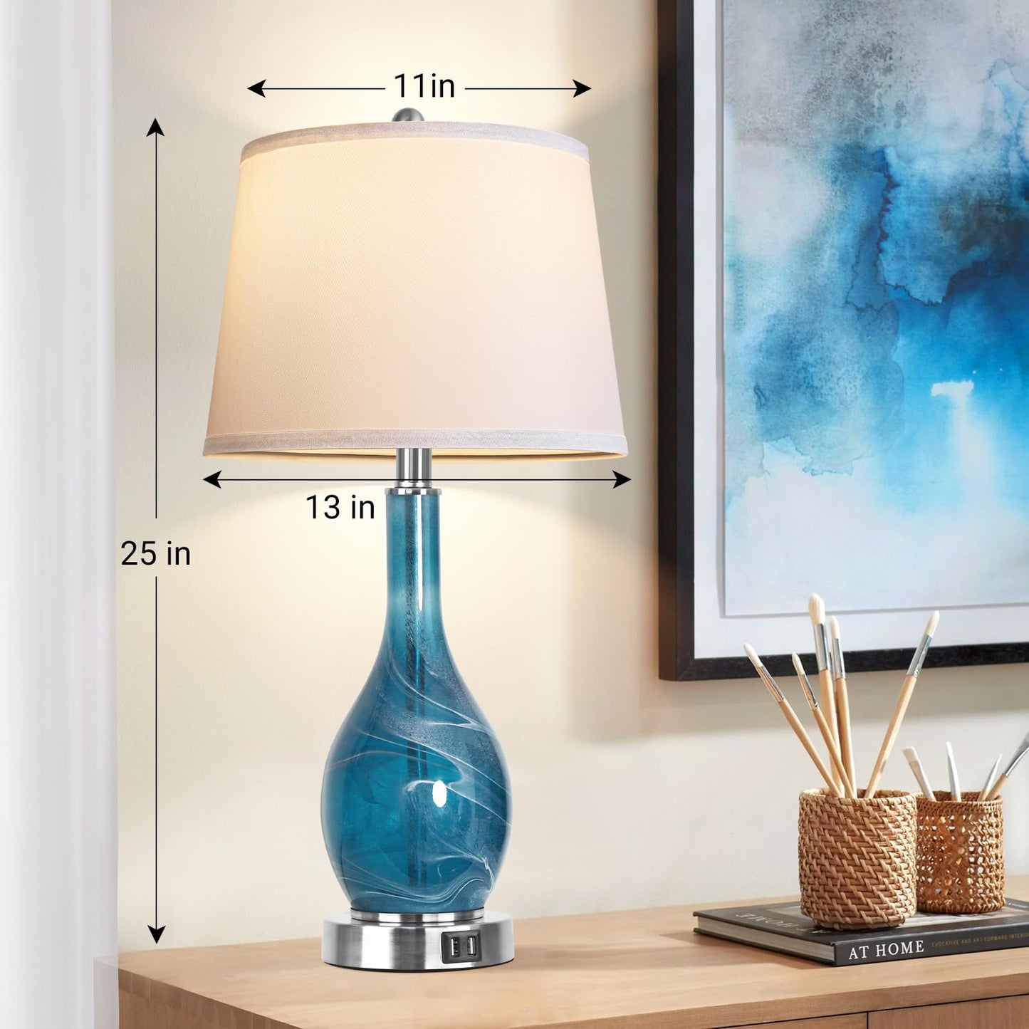 ROTTOGOON Table Lamps Set of 2 with 2 USB Ports, 25" 3CCT Coastal Nightstand Lamp with White Fabric Shade for Living Room, Bedroom