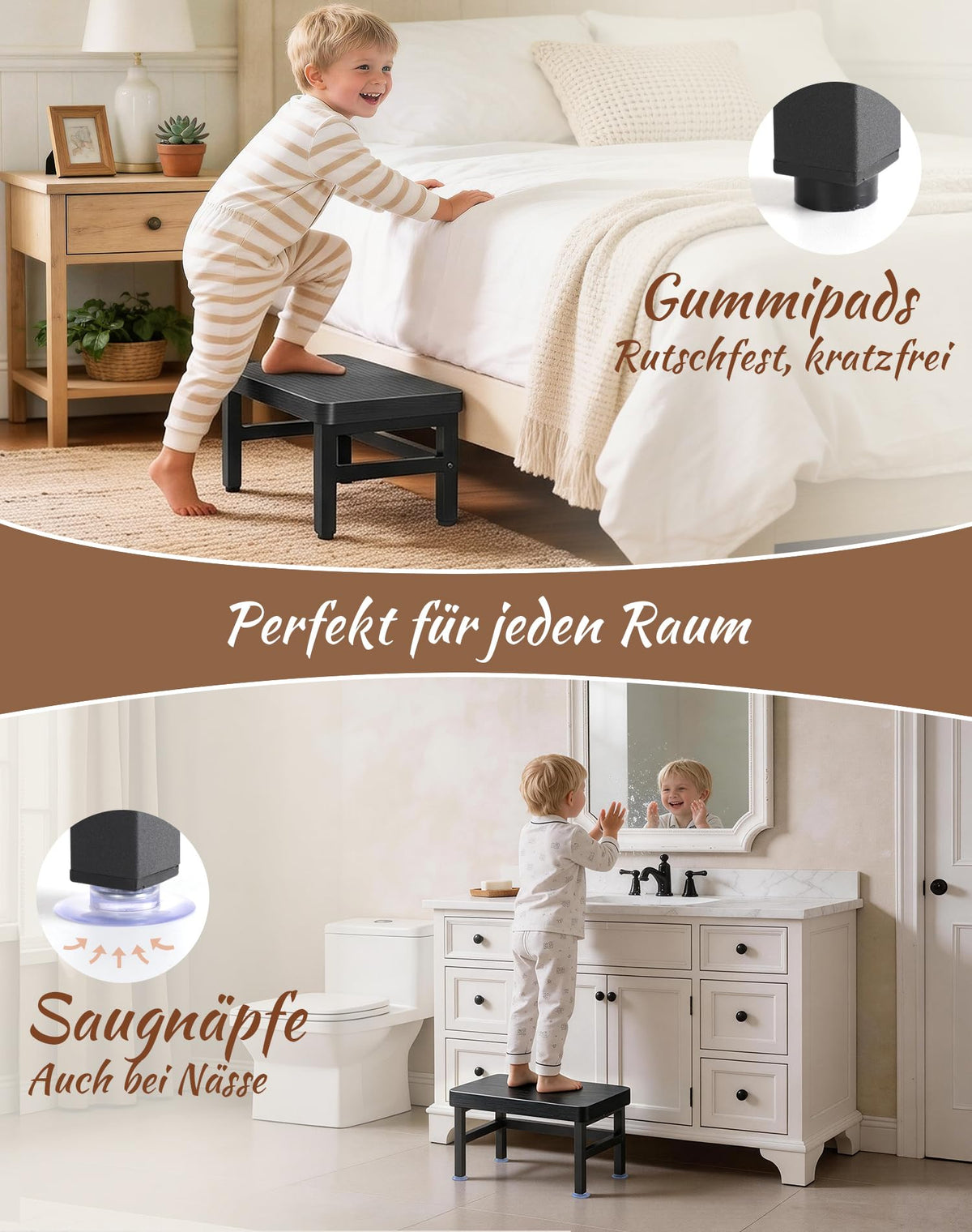 ROTTGOON Tritthocker 1 Stufe für Kinder, Anti-Rutsch, Hocker Holz, Schwarz
