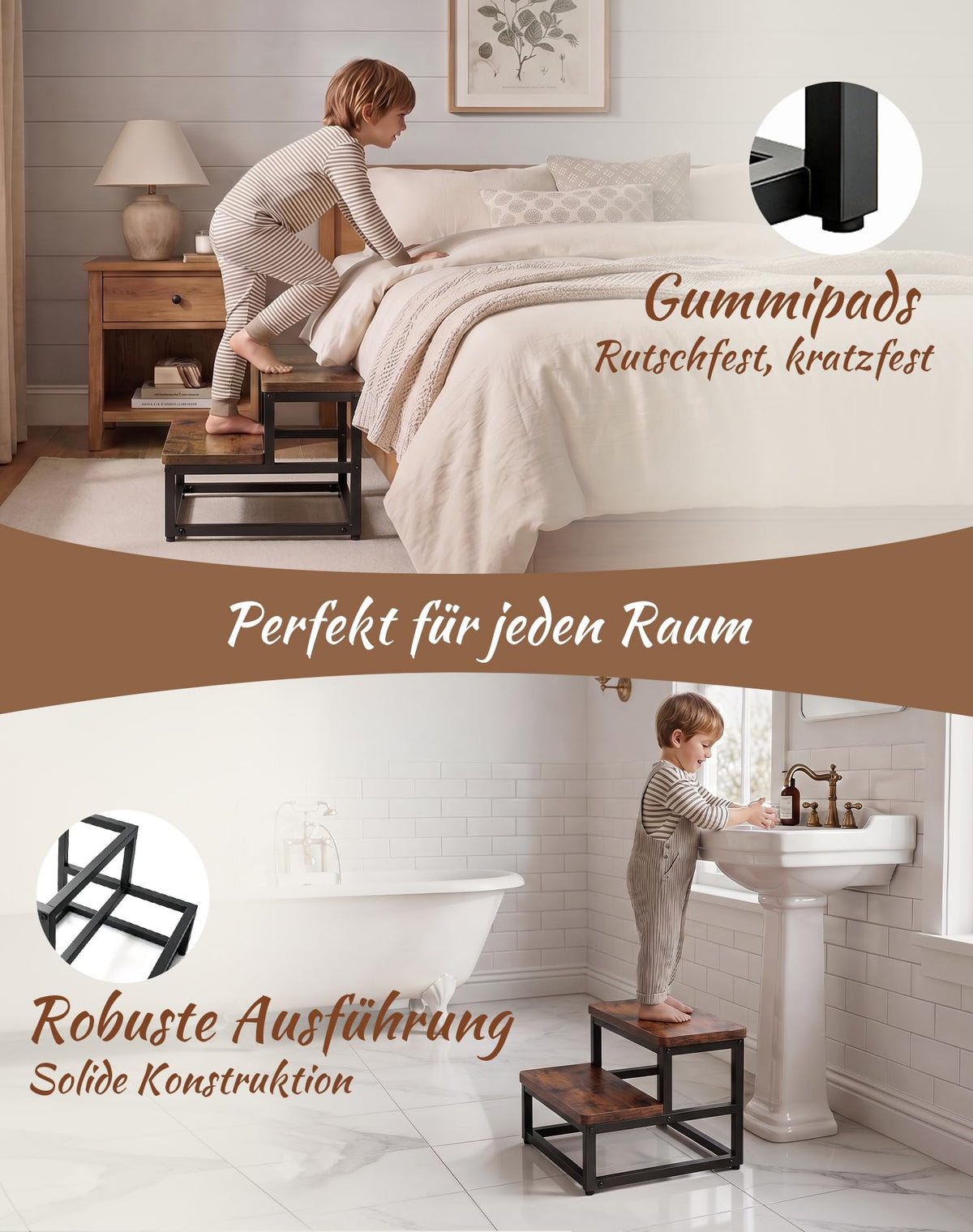 ROTTOGOON Tritthocker Holz mit 2 Stufen für Erwachsene Kinder, Anti-Rutsch