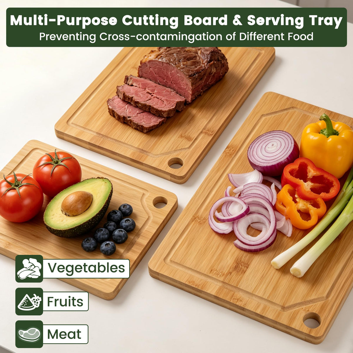 Rottogoon 3 Piece Bamboo Chopping Board Set- Large, Medium, & Small Sizes