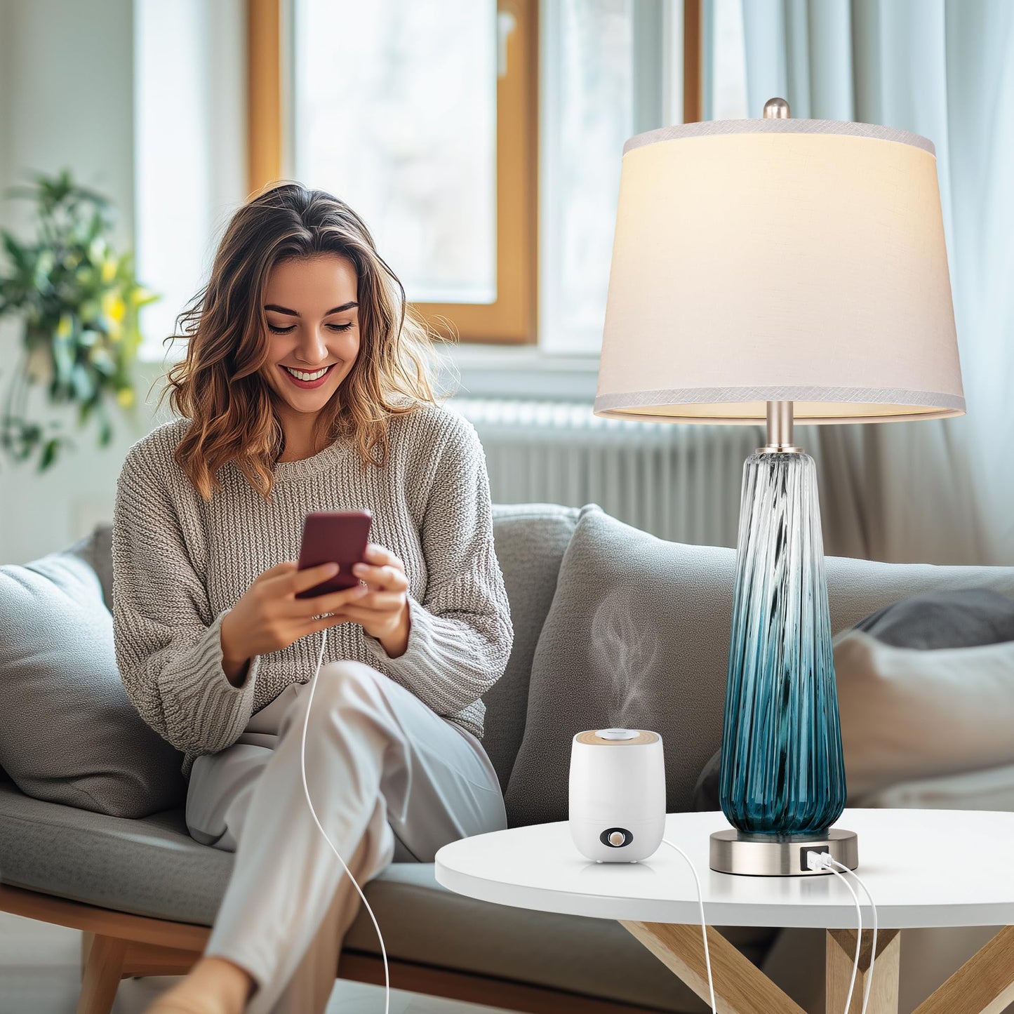 ROTTOGOON Glass Table Lamps for Living Room with USB A+C Ports, Dimmable Touch Control Nightstand Lamp, Bedrooms Decor, Blue, 2 Pack