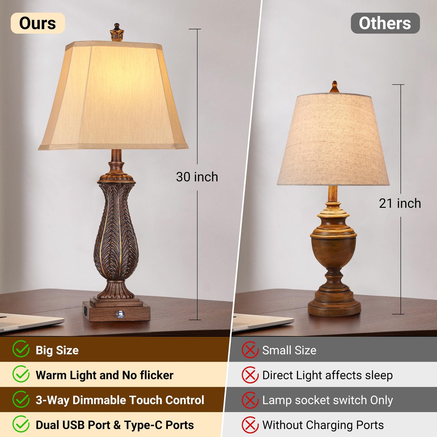 ROTTOGOON Table Lamps Set of 2, Touch Resin Mermaid Lamps with USB & Type-C Ports, for Nightstand Bedside Living Room, Brown