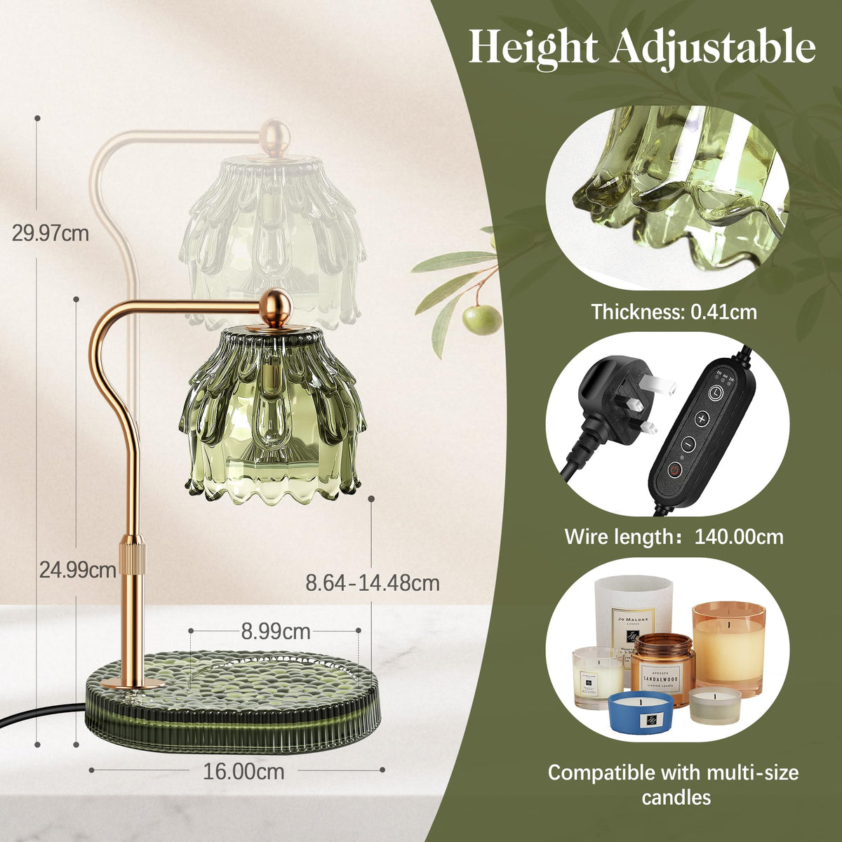 Candle Warmer Lamp with 2 Bulbs, Timer, Dimmer, House Gifts for Mom, Green