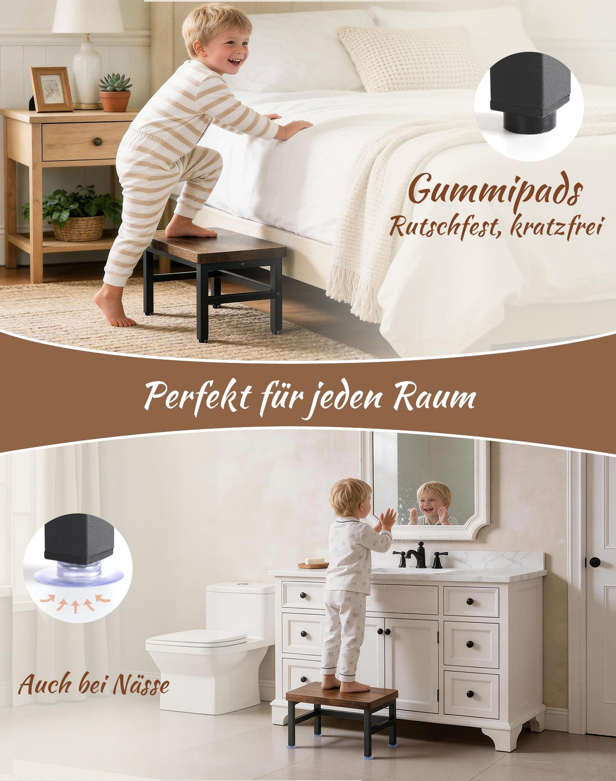 ROTTGOON Tritthocker 1 Stufe Holz für Kinder, Küche & Bad, Anti-Rutsch