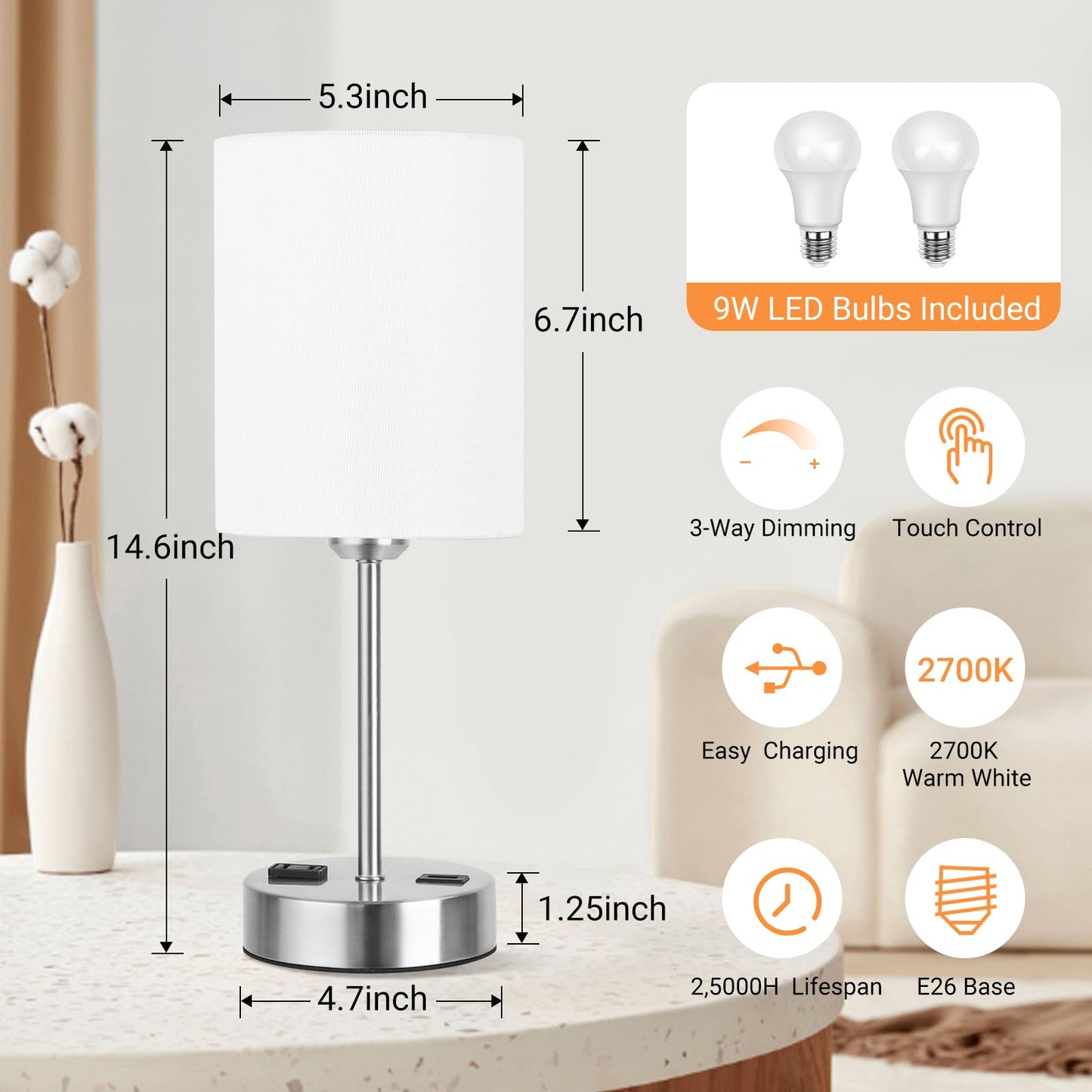 ROTTOGOON Touch Table Lamps Set of 2 with USB Port & Power Outlet, Dimmable Desk Lamp for Living Room Nursery Room, Bulbs Included, White
