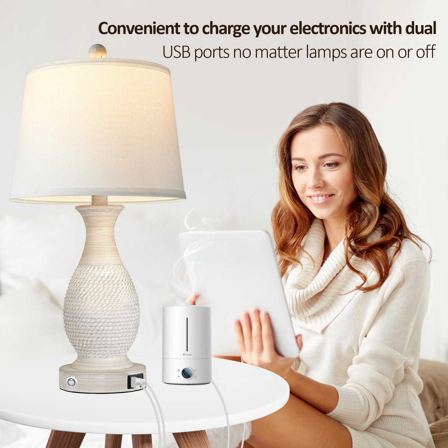 ROTTOGOON Set of 2 Table Lamps with USB C+A Ports, 26" Dimmable Nightstand Lamp with Fabric Shade for Living Room Bedroom Home Office