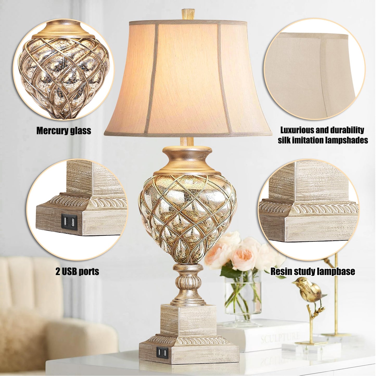 ROTTOGOON 29” Tall Table Lamps Set of 2 for Living Room with Lantern Nightlight,Traditional Bedroom Silver Mercury Glass Lamps for Nightstand, Bedside