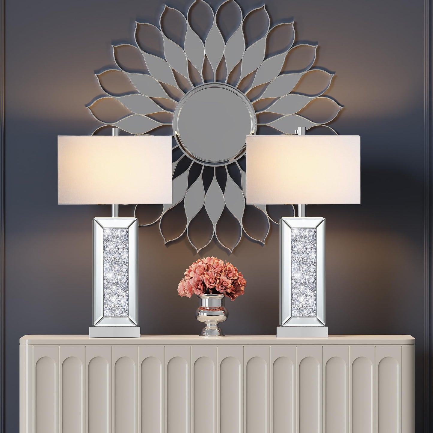 ROTTOGOON Modern Table Lamp Set of 2 Touch Control, Silver Mirror Dimmable Lamp with USB C+A Ports& White Fabric Shade for Living Room Bedroom