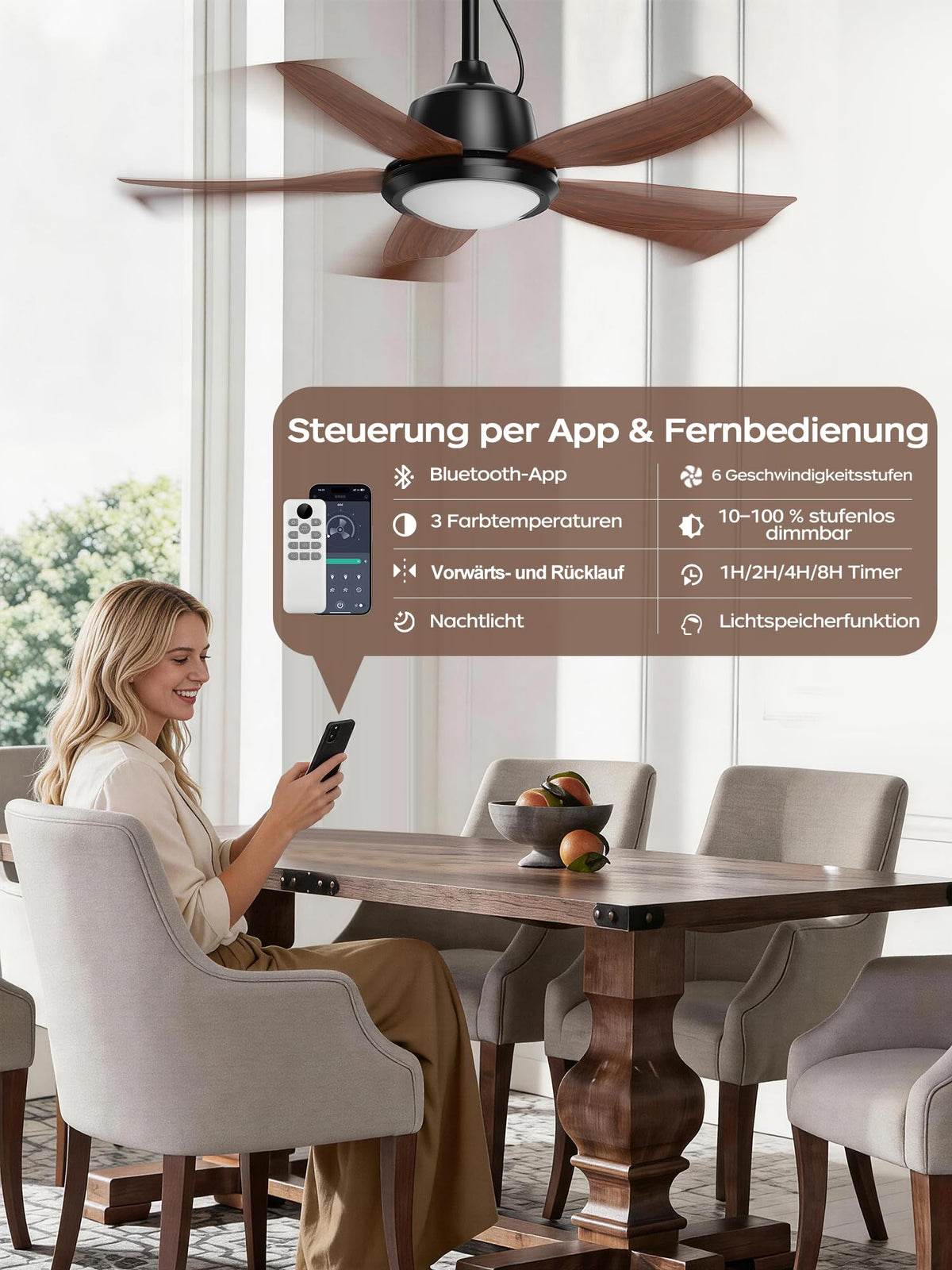 ROTTOGOON Outdoor Deckenventilator mit Beleuchtung 106cm, IP65, 5 Flüge [Energieklasse E]