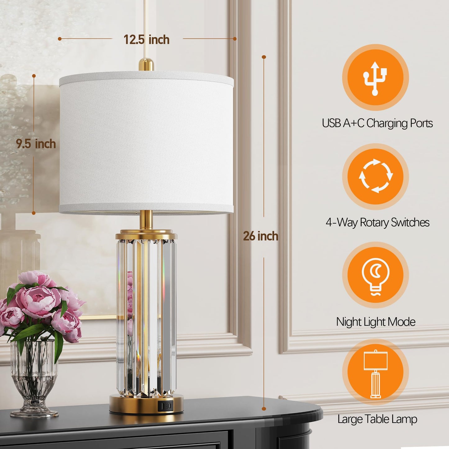 ROTTOGOON Gold Table Lamps for Bedroom Set of 2 with Nightlight, Modern Bedside Lamp with 2 USB A+C Charging Port, LED Bulbs Included