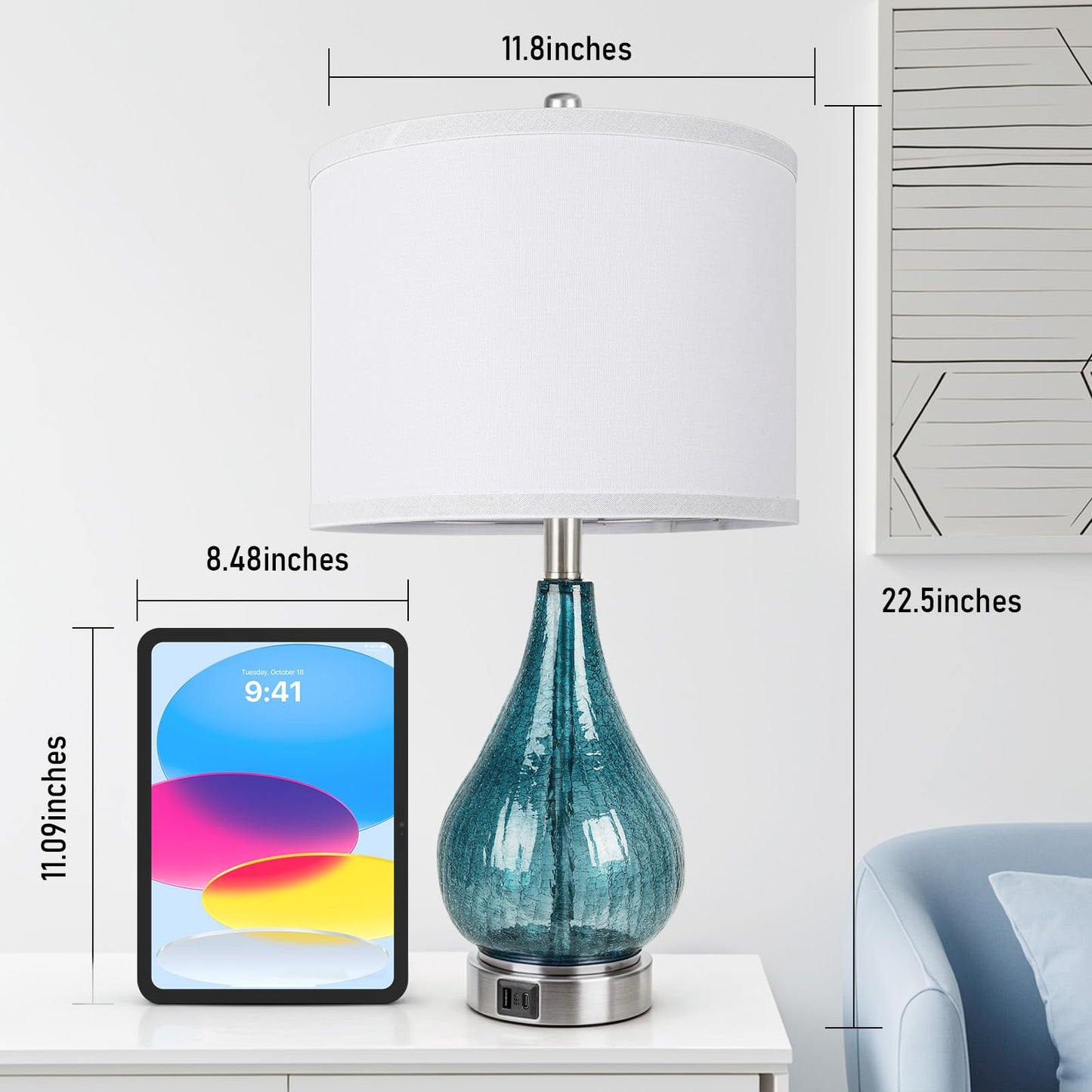 ROTTOGOON Glass Table Lamp for Living Room Bedroom Set of 2, Dimmable Modern Bedside Lamps for Home Decor with White Fabric Shade