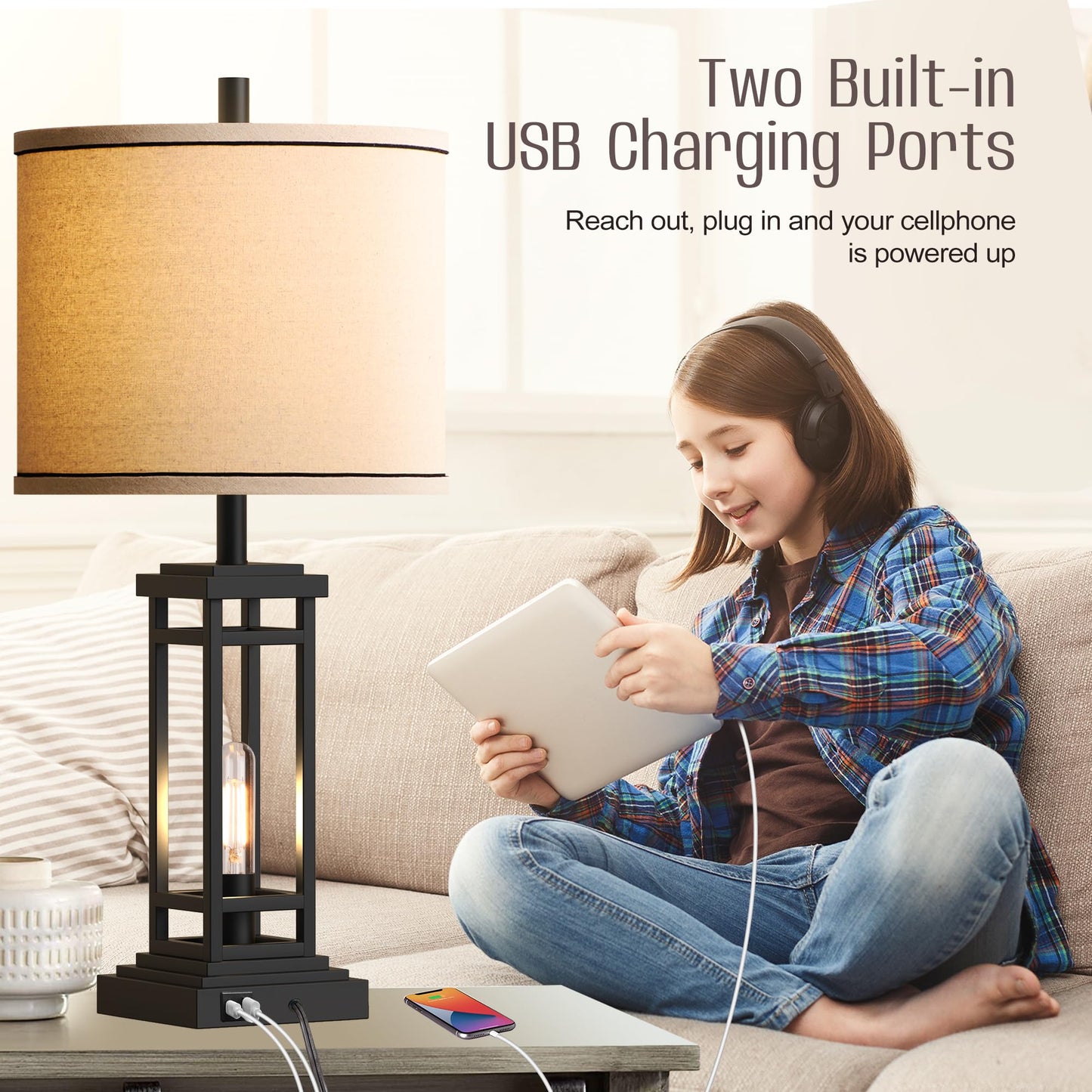 ROTTOGOON Farmhouse Table Lamp Set of 2 with USB C + A Charge Ports, Rustic Living Room Lamp for Bedroom Living Room Nightstand (Black)