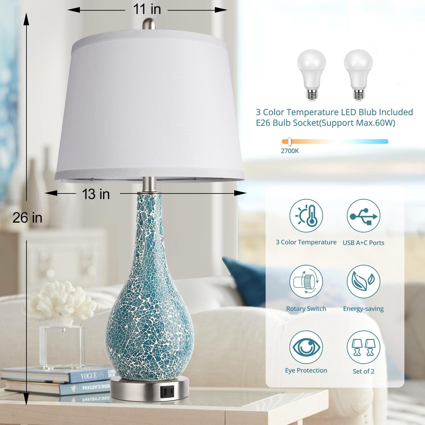 ROTTOGOON Blue Table Lamps for Bedroom Set of 2, 26" Modern Bedside Lamp with USB A+C Ports, for Home Decor Living Room , LED Bulb Included